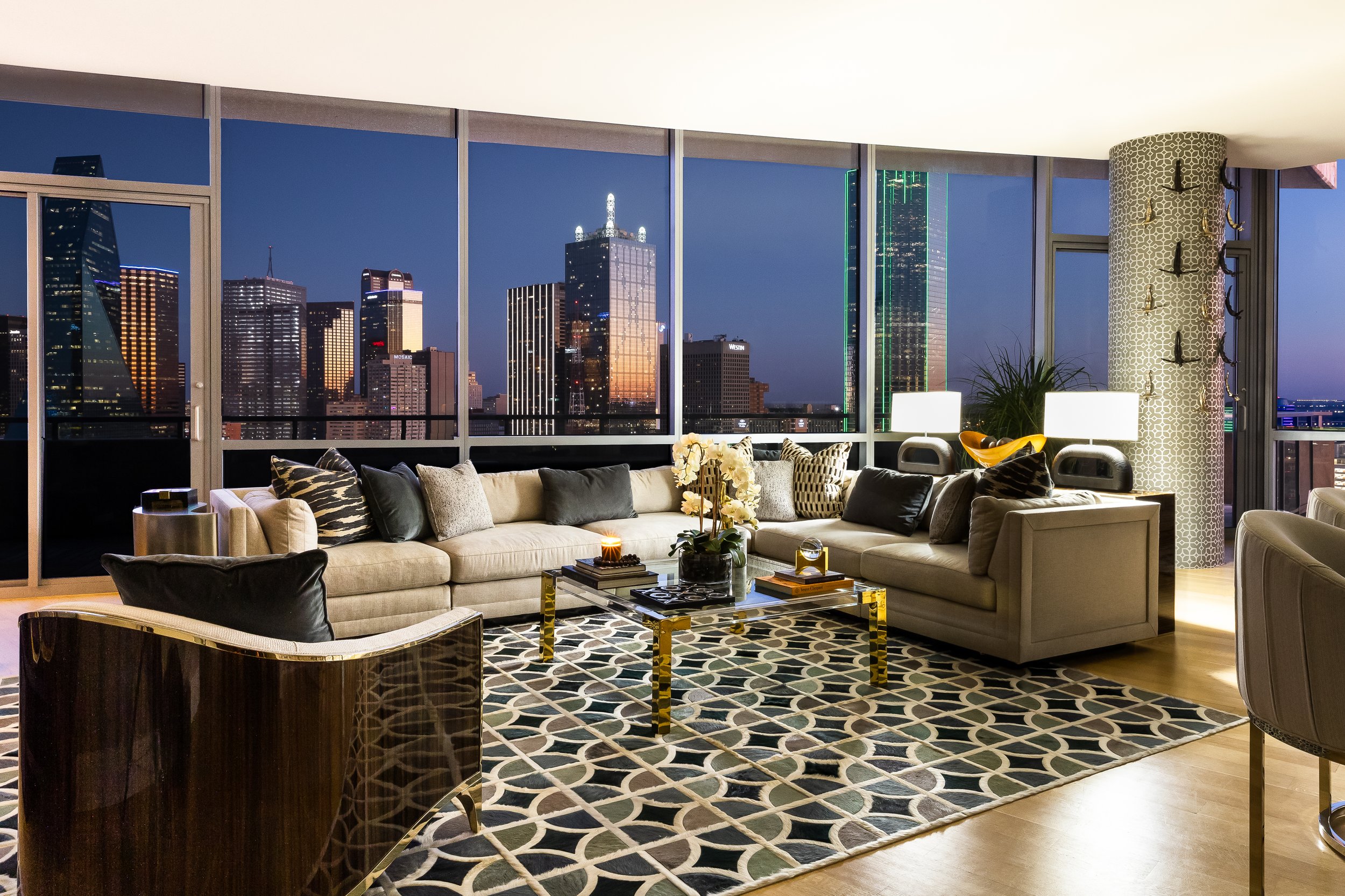 Dallas skyline view from high rise condo, Dallas interior photographer