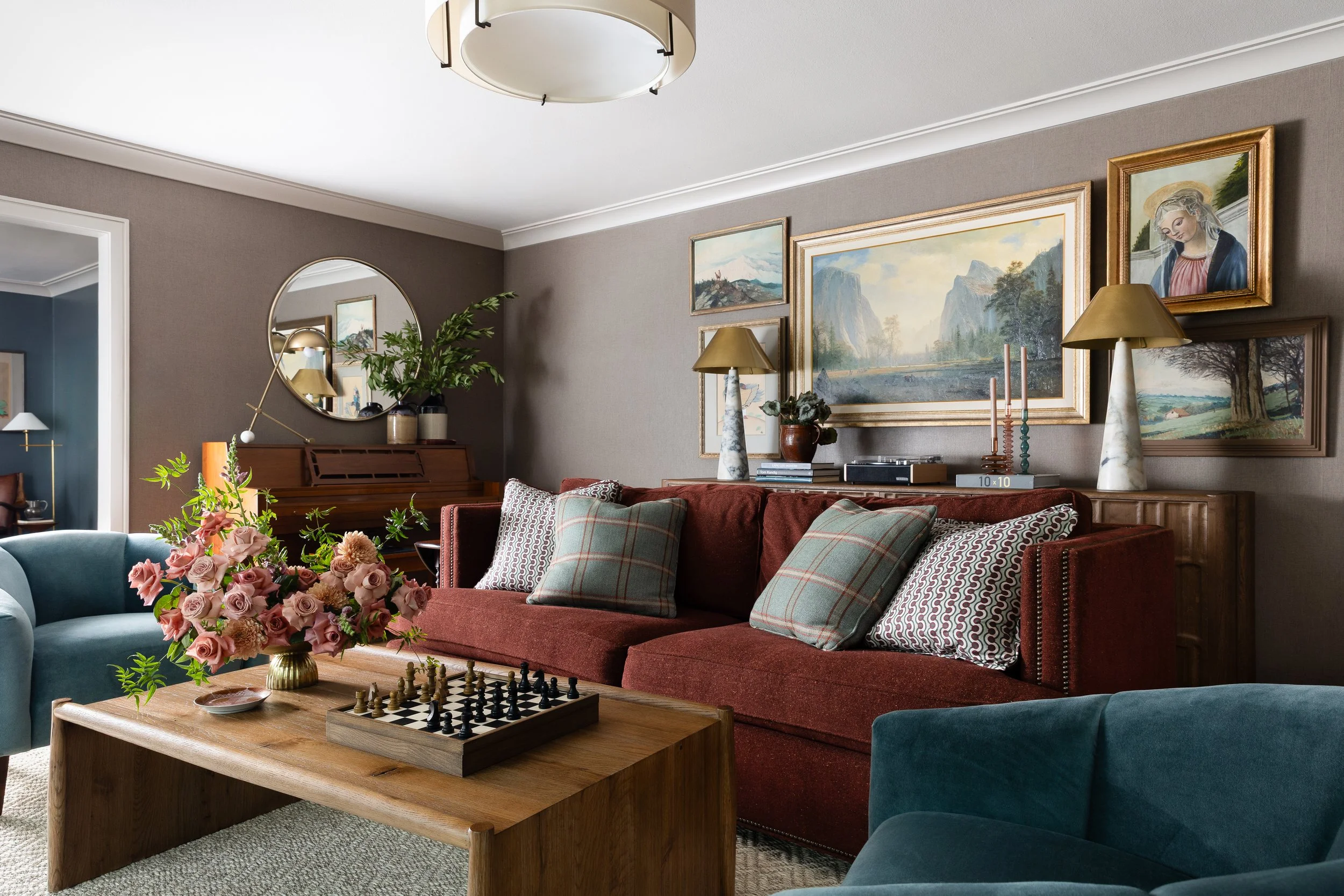 Moody, layered living room, Dallas interior design and architecture photographer