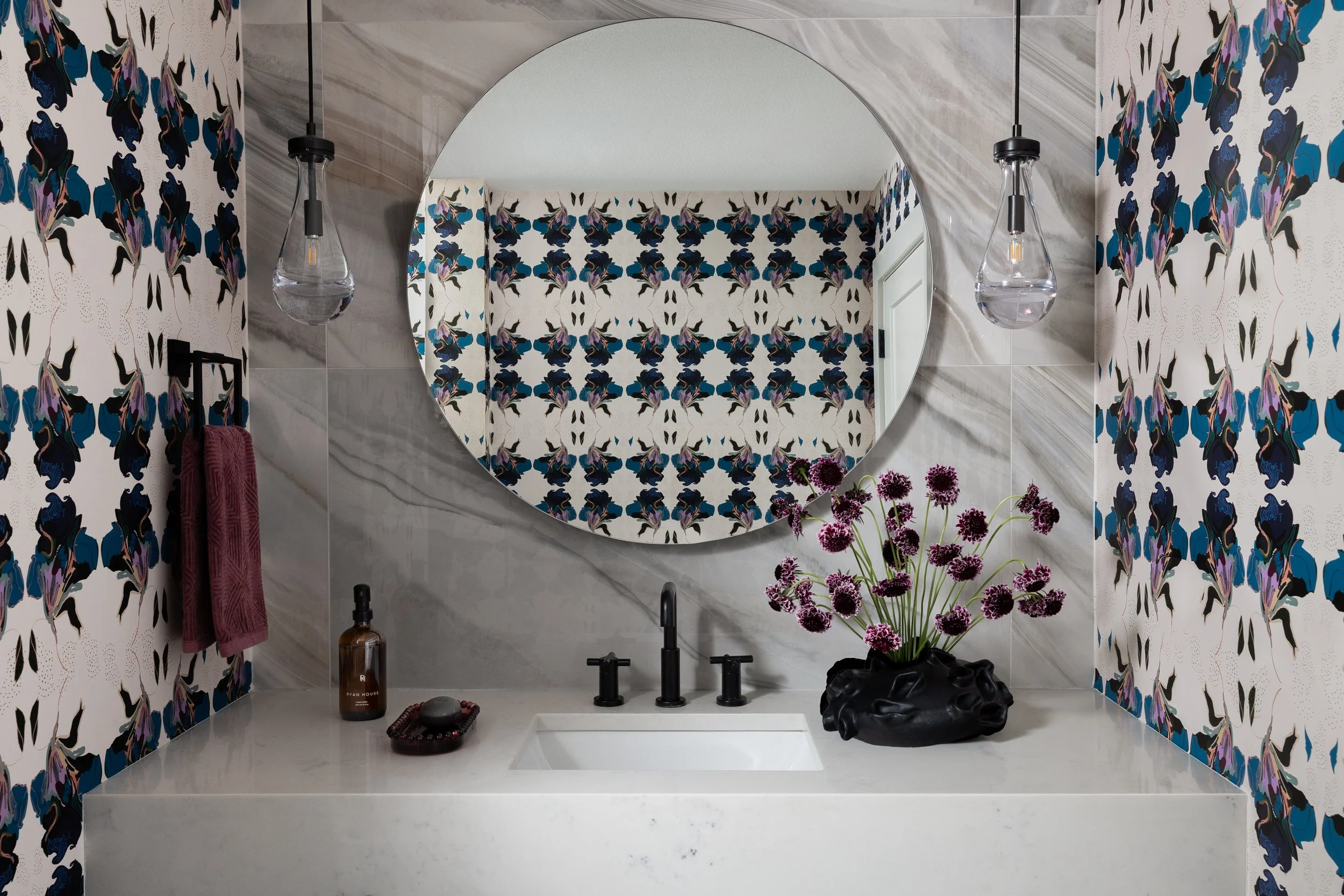 Kristy Stafford jeweled toned wall paper in guest bathroom