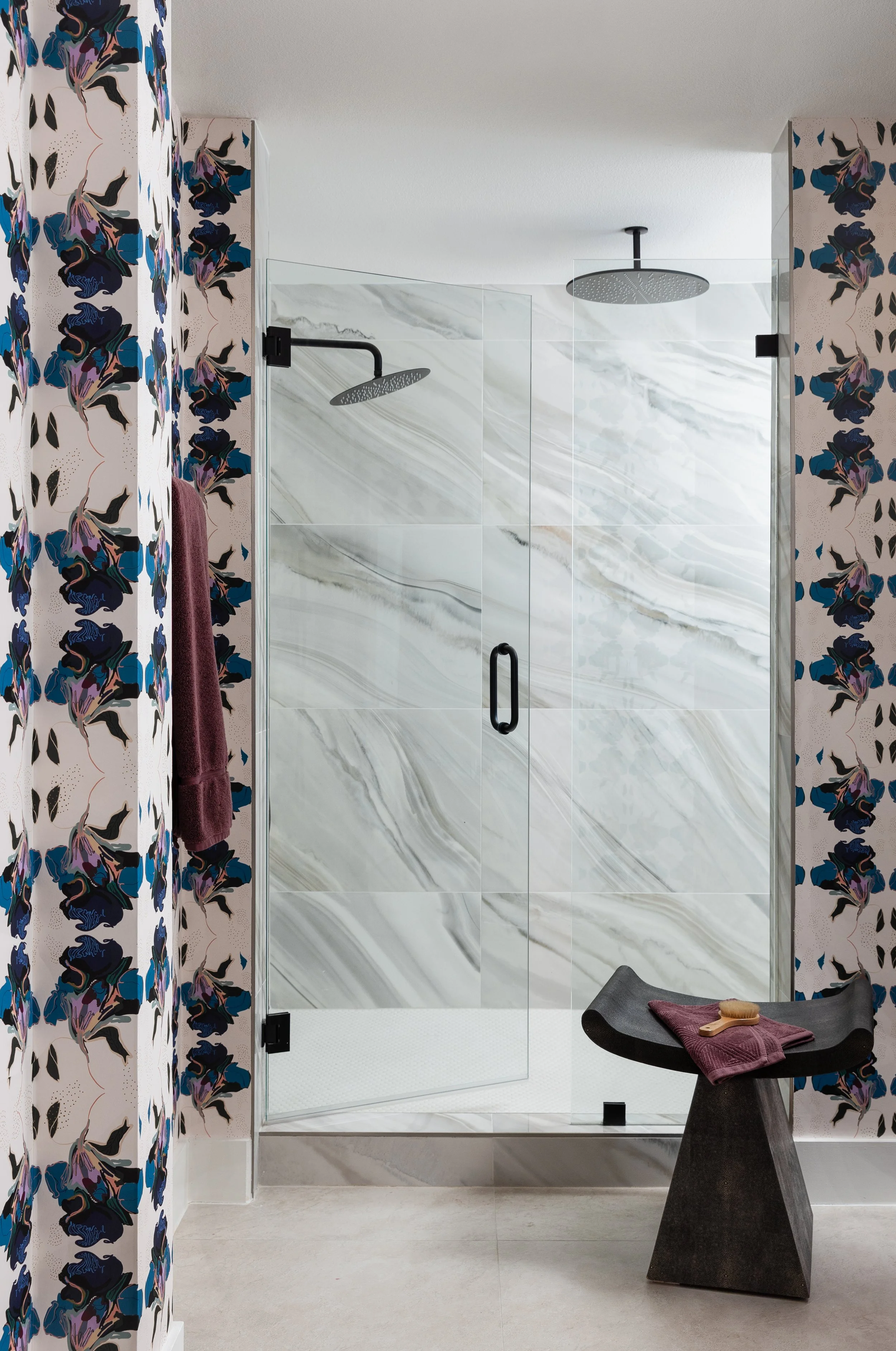 jeweled toned wallpaper in guest bathroom