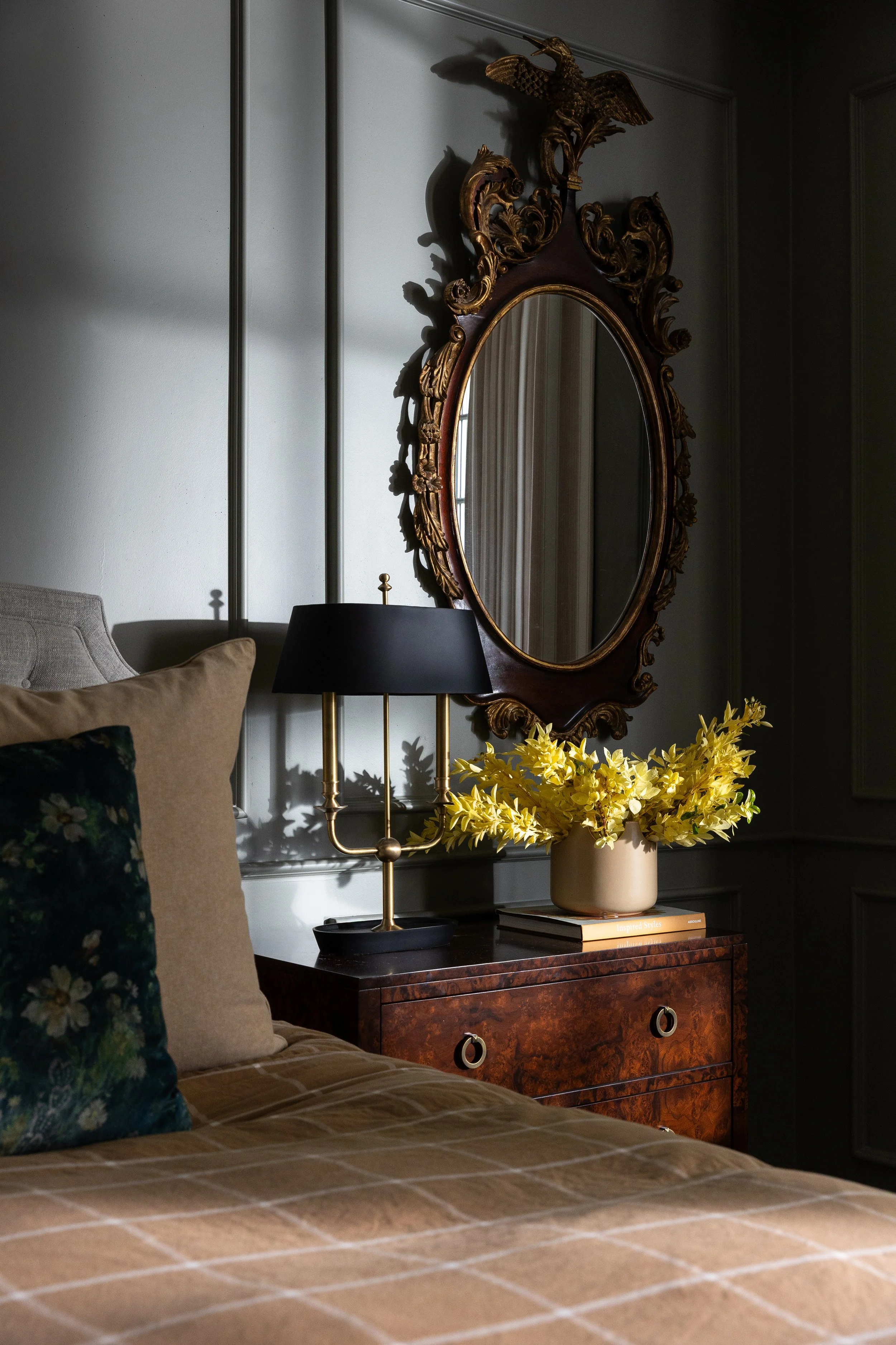 Moody primary bedroom, real estate photography vs interior design photography
