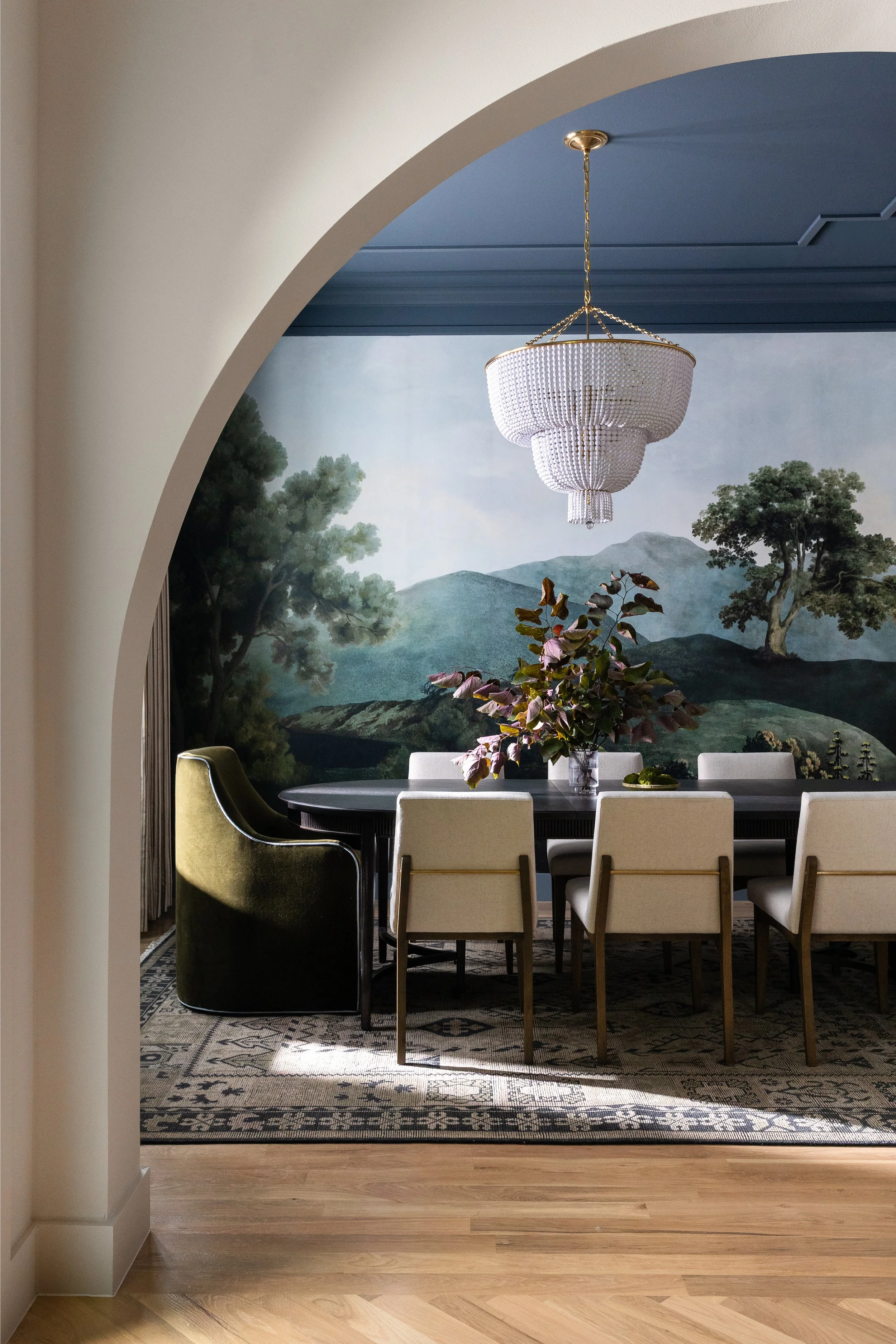 Landscape mural in dining room, real estate photography vs interior design photography