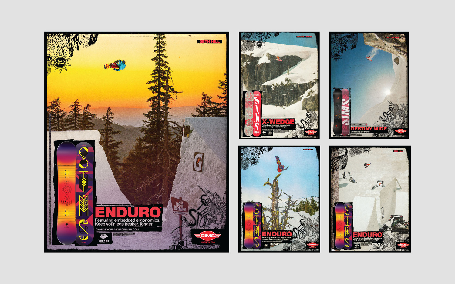 A few seasons worth of print ad directions featuring seasonal product and team riders