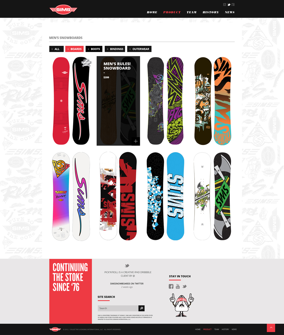 SIMS Snowboards product page
