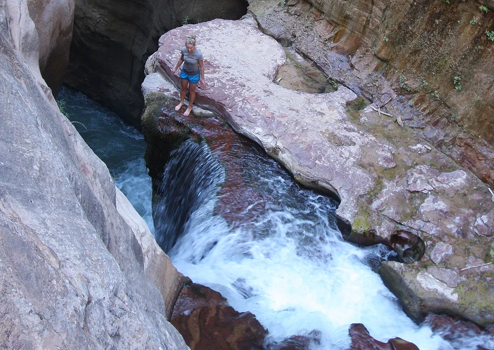 Amanda down at Labyrinth Falls - 200 feet tall?