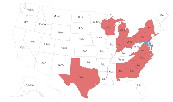 Congressional maps that would violate a 7 percent efficiency gap threshold (in states with at least five districts). Red favor Republicans; blue favor Democrats. Related Article