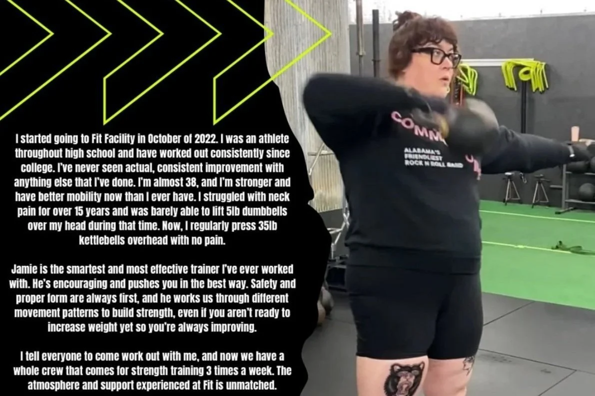 A woman in workout attire, including a black sweatshirt and shorts, demonstrates a shoulder stretch in a gym. There's a caption with her fitness journey and training insights overlaid on the left side of the image, with neon green geometric patterns in the background.