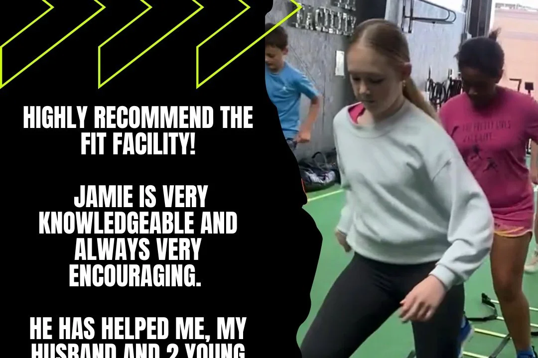 Group of children exercising at the Fit Facility gym, with a black and neon green graphic overlay on the left side containing a testimonial about Jamie's knowledge and encouragement.