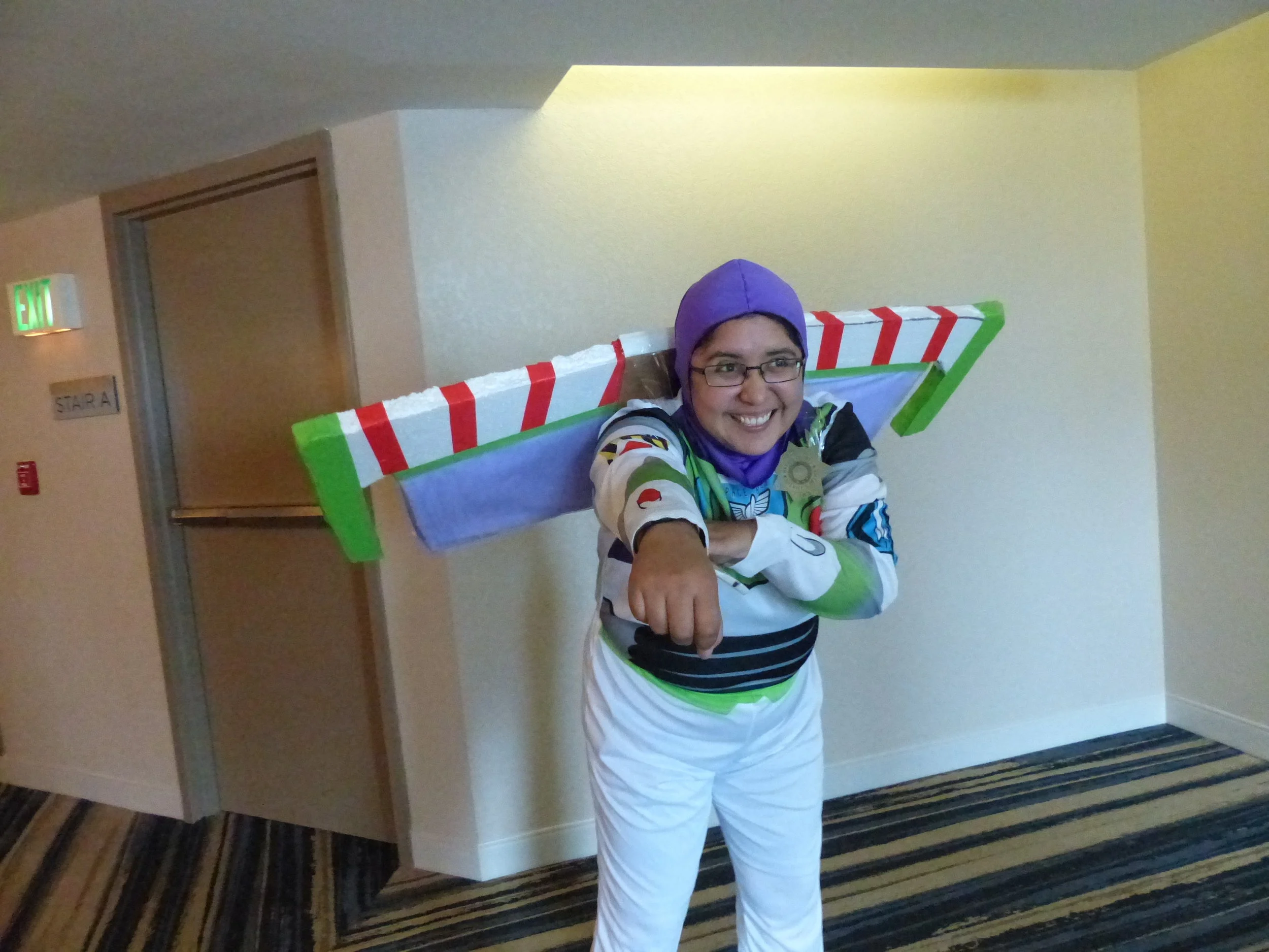 Rocio dressed as Buzz Lightyear for the Biochemistry Retreat costume contest (2016).