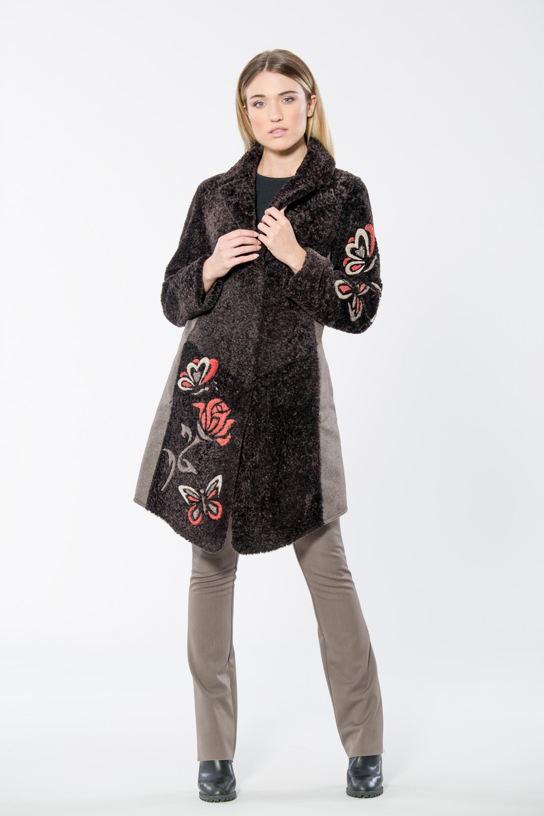 Pat Flesher Fur Shearling Coat Brown Pink Flowers