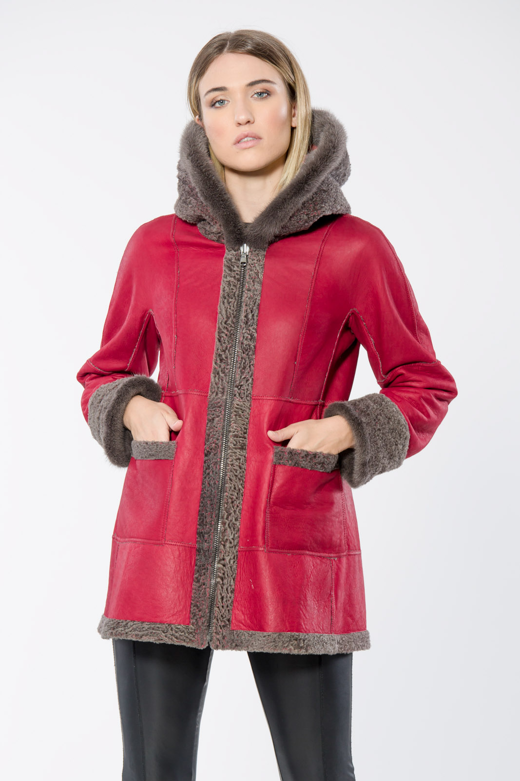 Pat Flesher Fur Reversible Pink Leather and Grey Shearling Coat