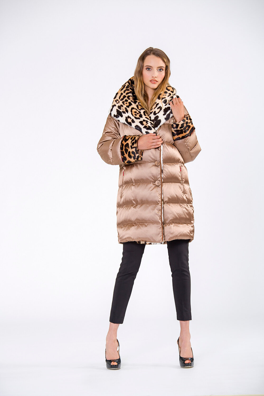 Pat Flesher Fur Pink Bronze down-filled leopard coat