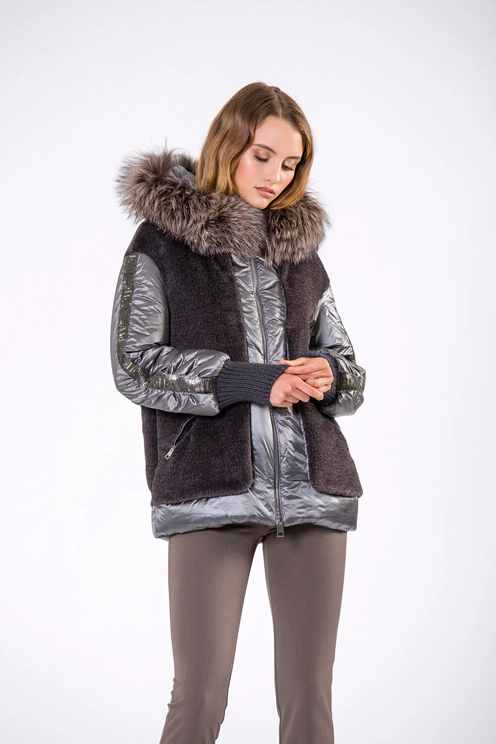 Pat Flesher Fur down-filled coat silver brown