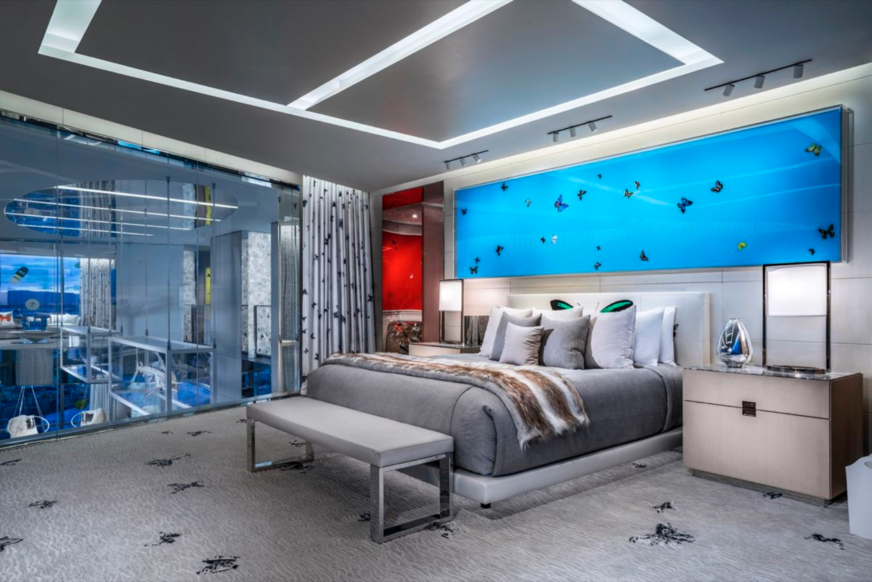 Bedroom of the Empathy Suite at Palms Casino Resort, Las Vegas. Designed by Bentel & Bentel and Damien Hirst featuring work by the artist. Image courtesy of Palms Casino Resort.