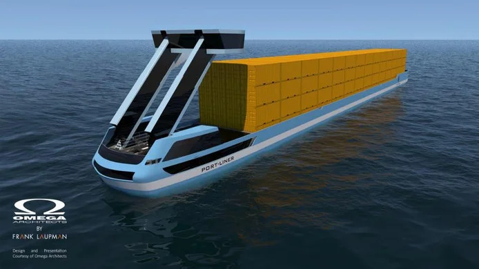 The design for one of the fully electrically powered ships from Port-Liner. © Omega Architects