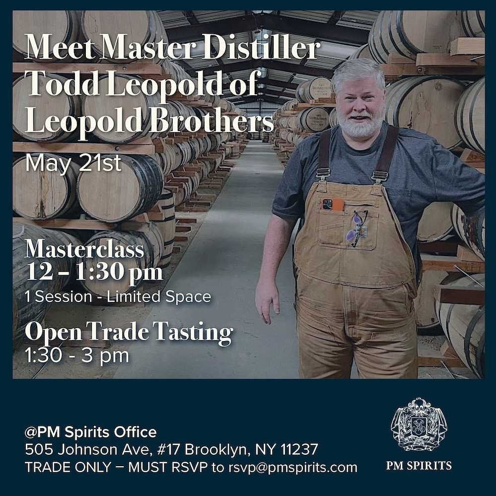 Want to meet and learn from one of the most renowned American craft distillers? Join us on Tuesday, May 21 for a masterclass and tasting with Todd Leopold, cofounder and distiller of legendary Leopold Bros distillery in Denver, Colorado. An OG of the