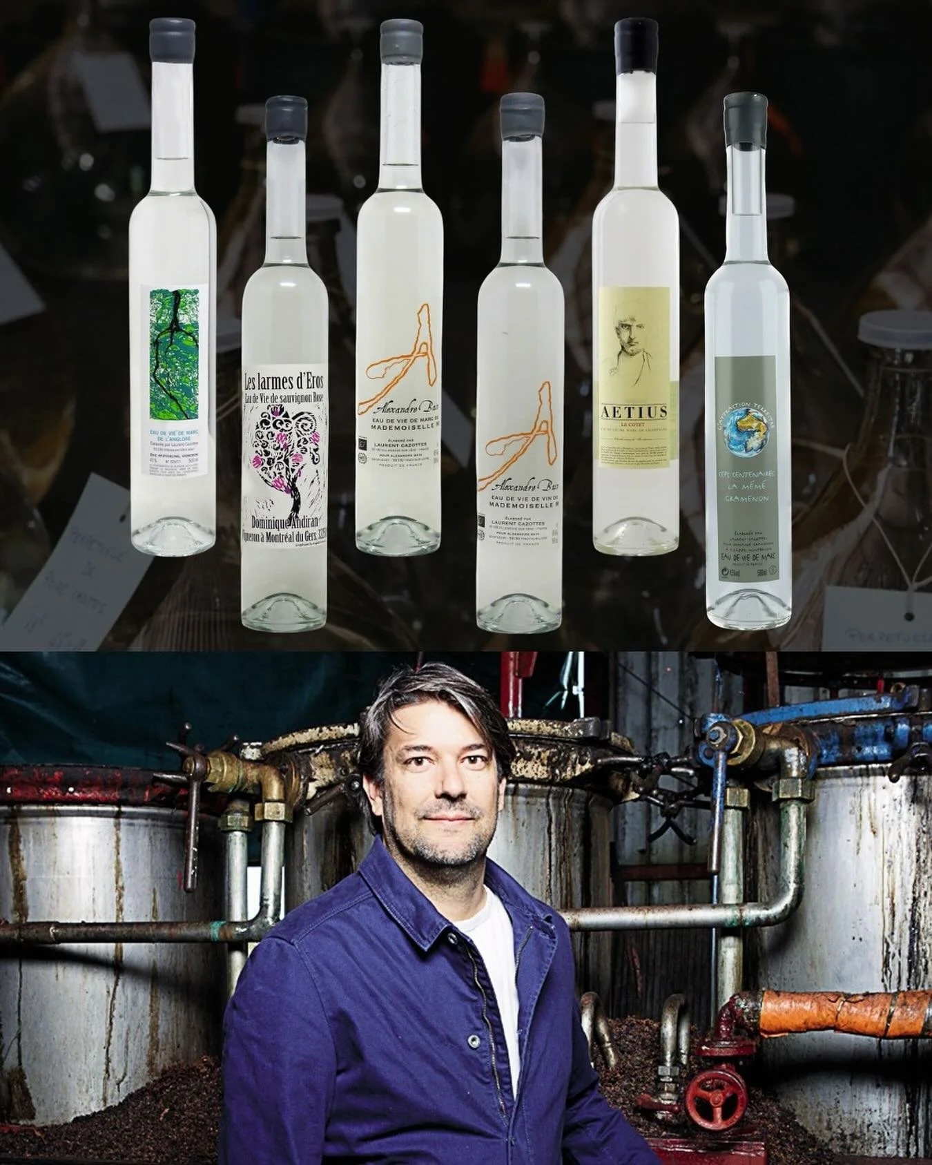 Farmer, distiller, and winemaker extraordinaire Laurent Cazottes has been working with other winemakers in France for several years, utilizing their grape pomace (the solids left after pressing) and wine to breathe a second life into that raw materia