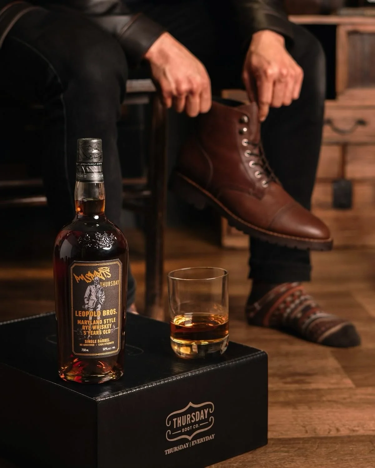 Leopold Bros, Thursday Boots, and PM Spirits are three companies with a common core value: quality. We collaborated on this single barrel selection of 5 year old rye whiskey, demonstrating our collective refusal to cut corners when it comes to materi