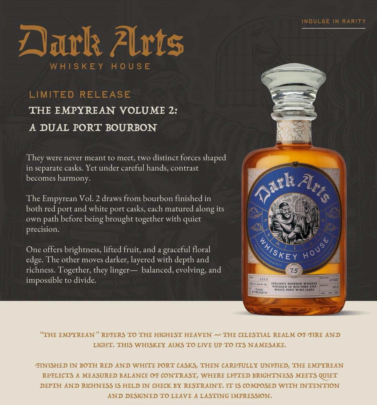 Coming soon to New York via PM Spirits Distributing, from the mad geniuses at Dark Arts Whiskey House: The Empyrean Volume 2. This limited release is a 7.5 year old bourbon finished in red port and white port casks and continues Dark Arts&rsquo; purs