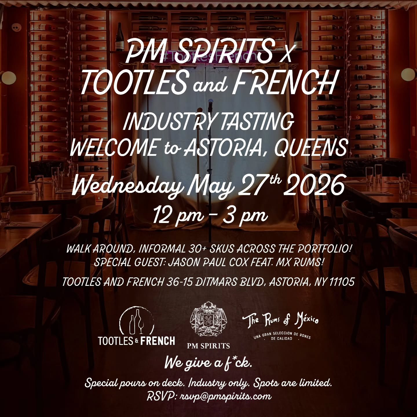 Industry folks: come see us at the wonderful Tootles &amp; French on Wednesday, May 27 for an industry tasting. Among the dozens of bottles on hand will be the newly-launched Rums of Mexico, with the man behind the brand Jason Paul Cox present to pou