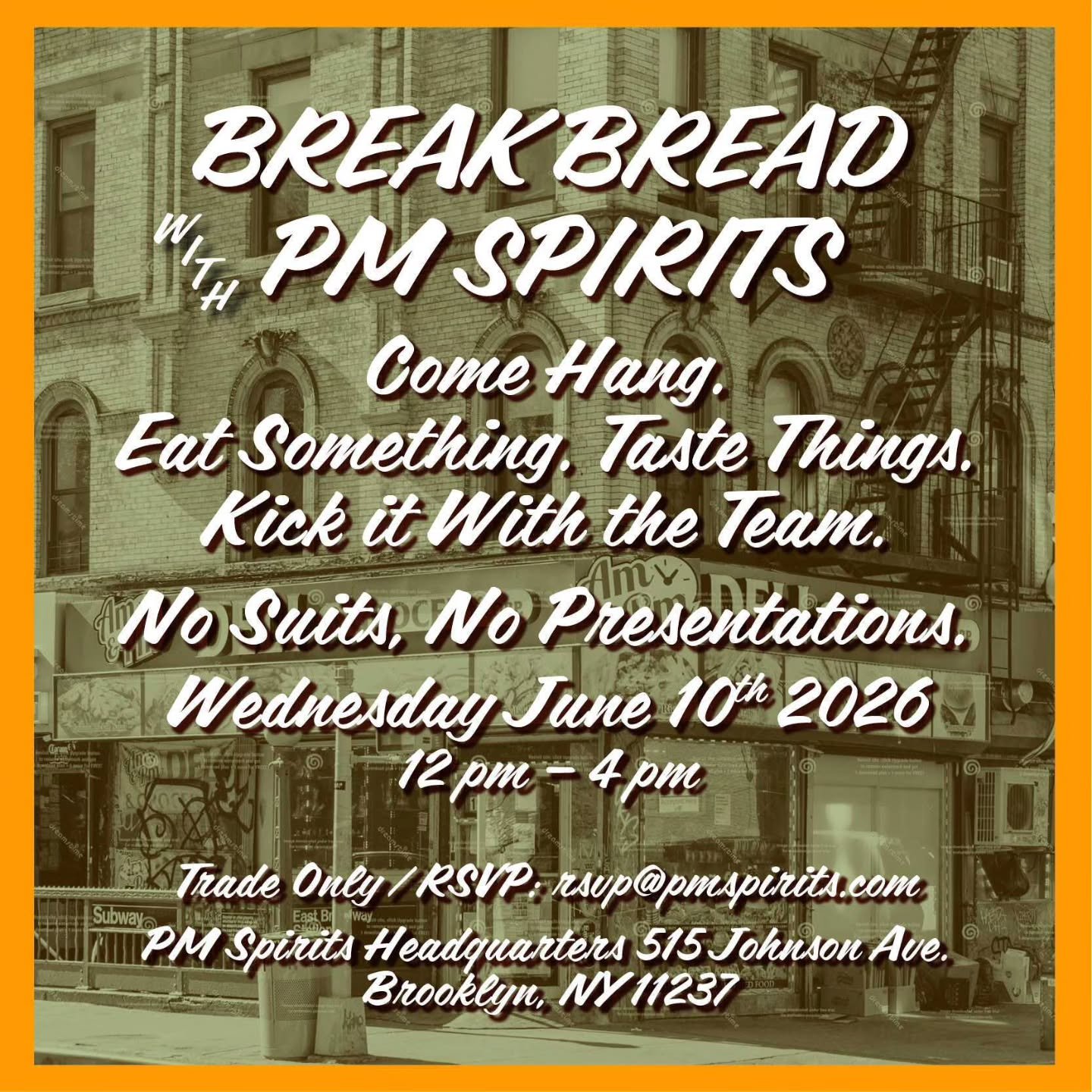 Big week in NY. The convention, the pop ups, the activations. Everyone's in town and the energy is a lot. If you need somewhere to pull away and breathe, we got you. You can plug in, you can schmooze...

PM HQ is open Wednesday. Bottles out. Sandwich