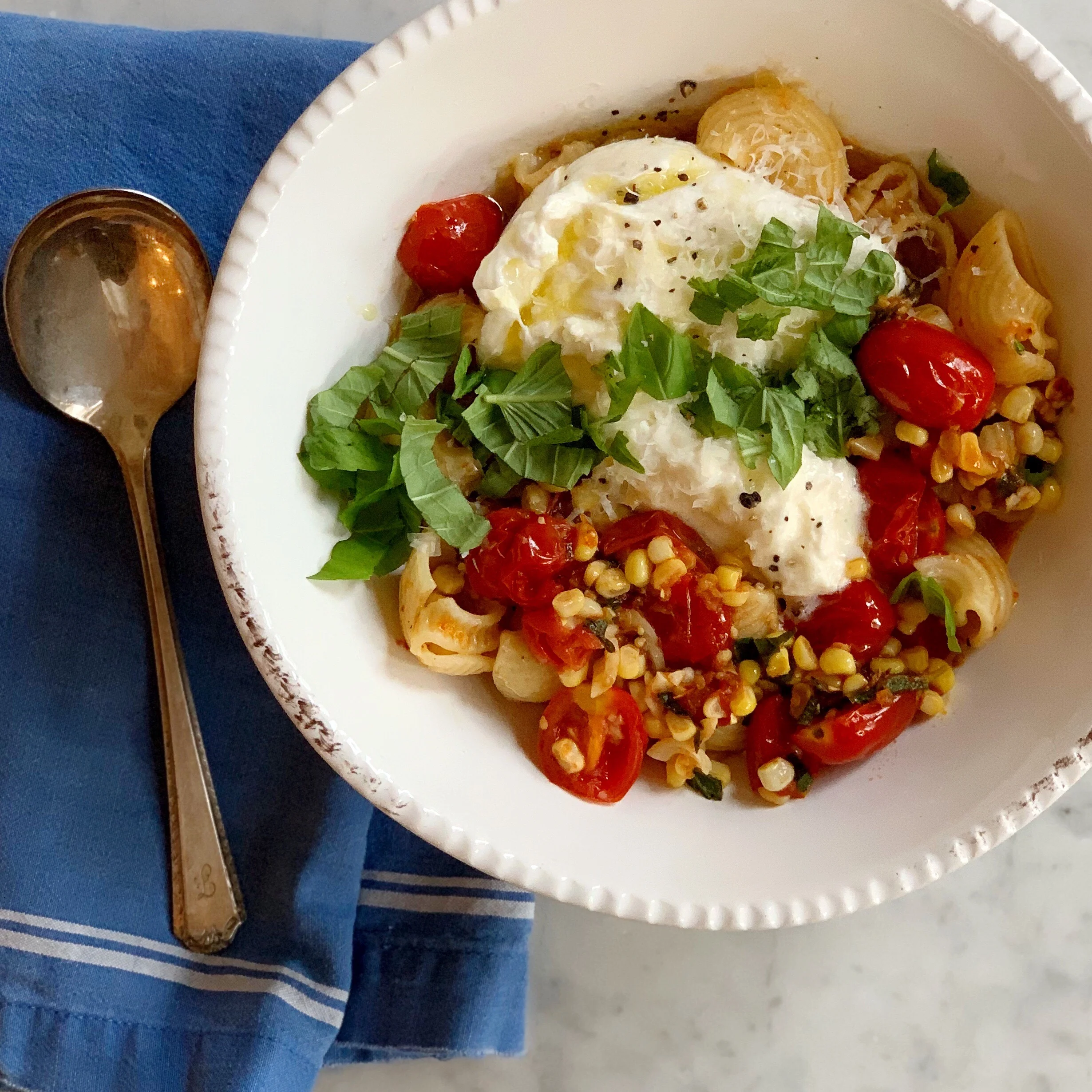 Rigatoni with Tomatoes, Corn and Stracciatella