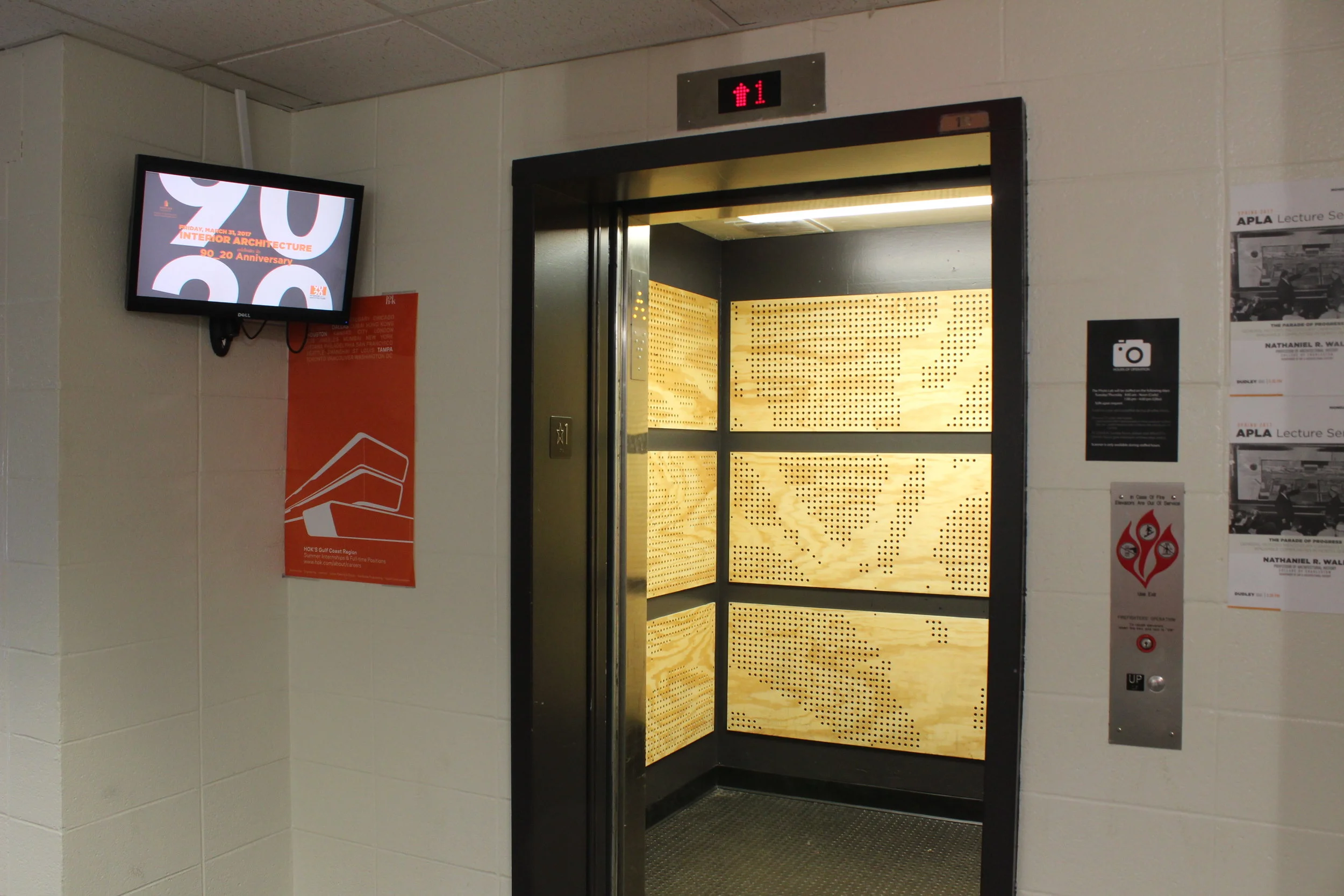  I initiated this project to rehab the interior of the elevator in the Architecture building. The panels that were in the elevator had been beaten up over the years. I thought this would be a great opportunity to come up with a new design for the spa