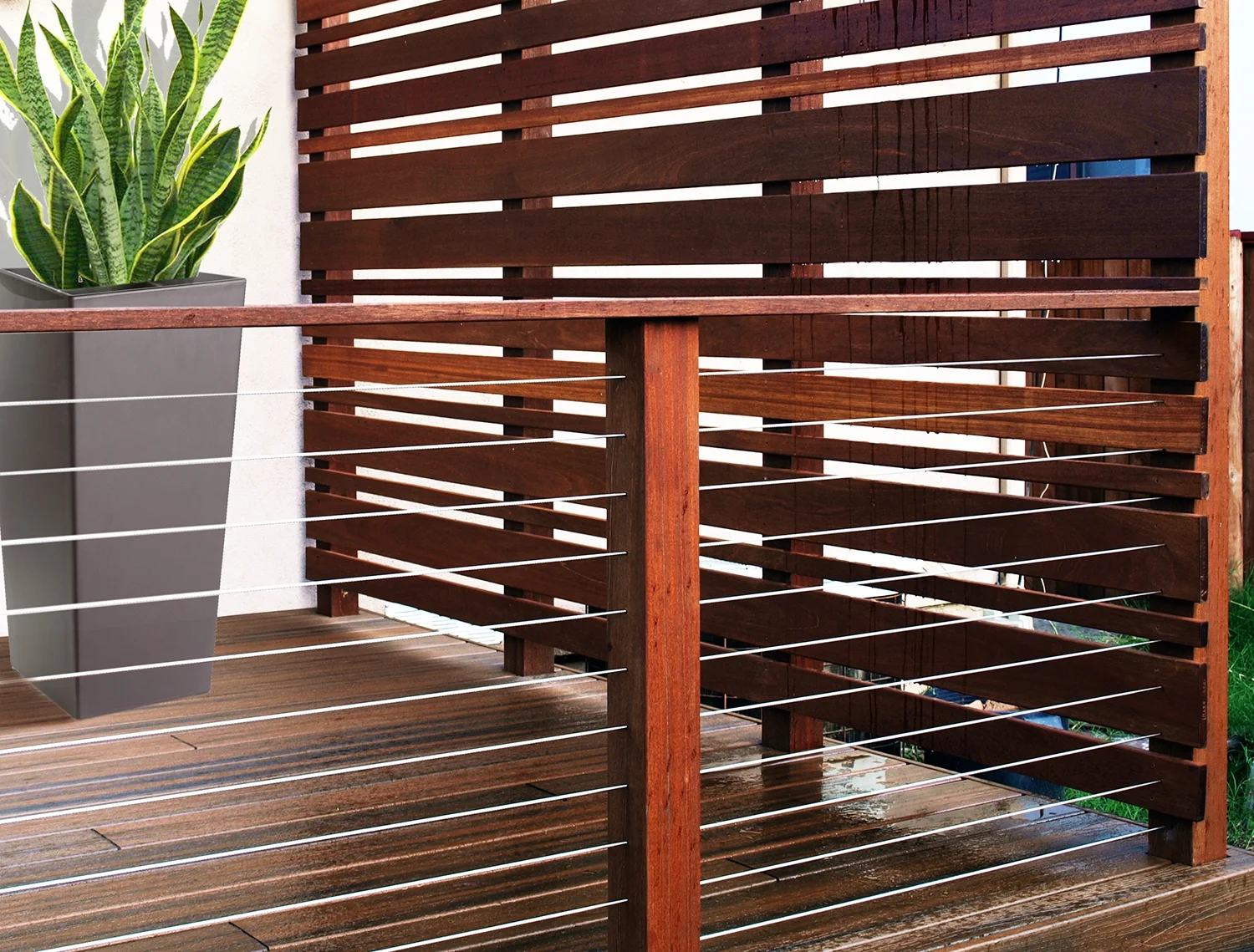 Mangaris wood deck and privacy screen with cable railing