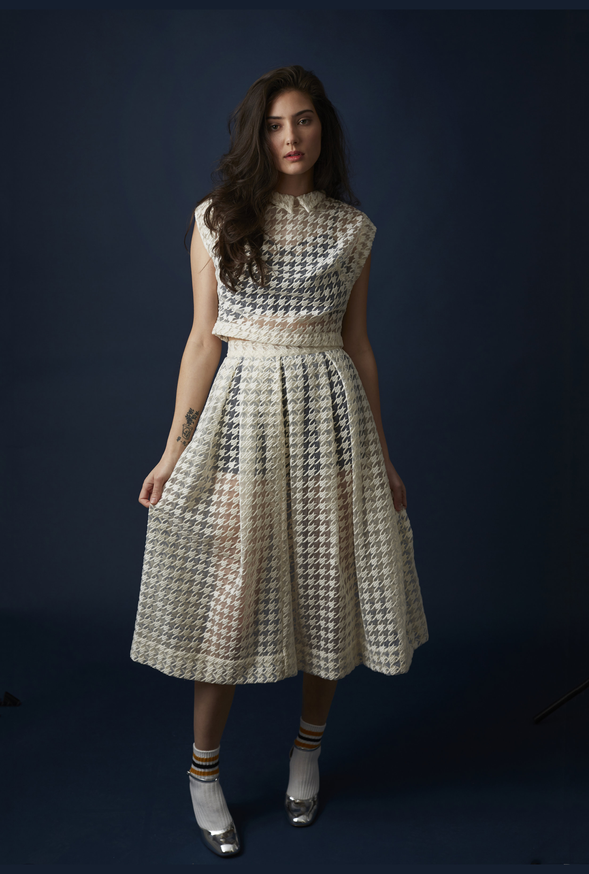 Embroidered houndstooth organza top and skirt