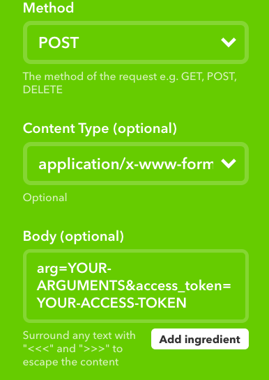 You can get your access token from the settings drawer in Particle Build. Your access token is like your password, so you aren't supposed to share it with anyone you don't trust. Args here are 1 for the first part of the song, and 2 for the second part.