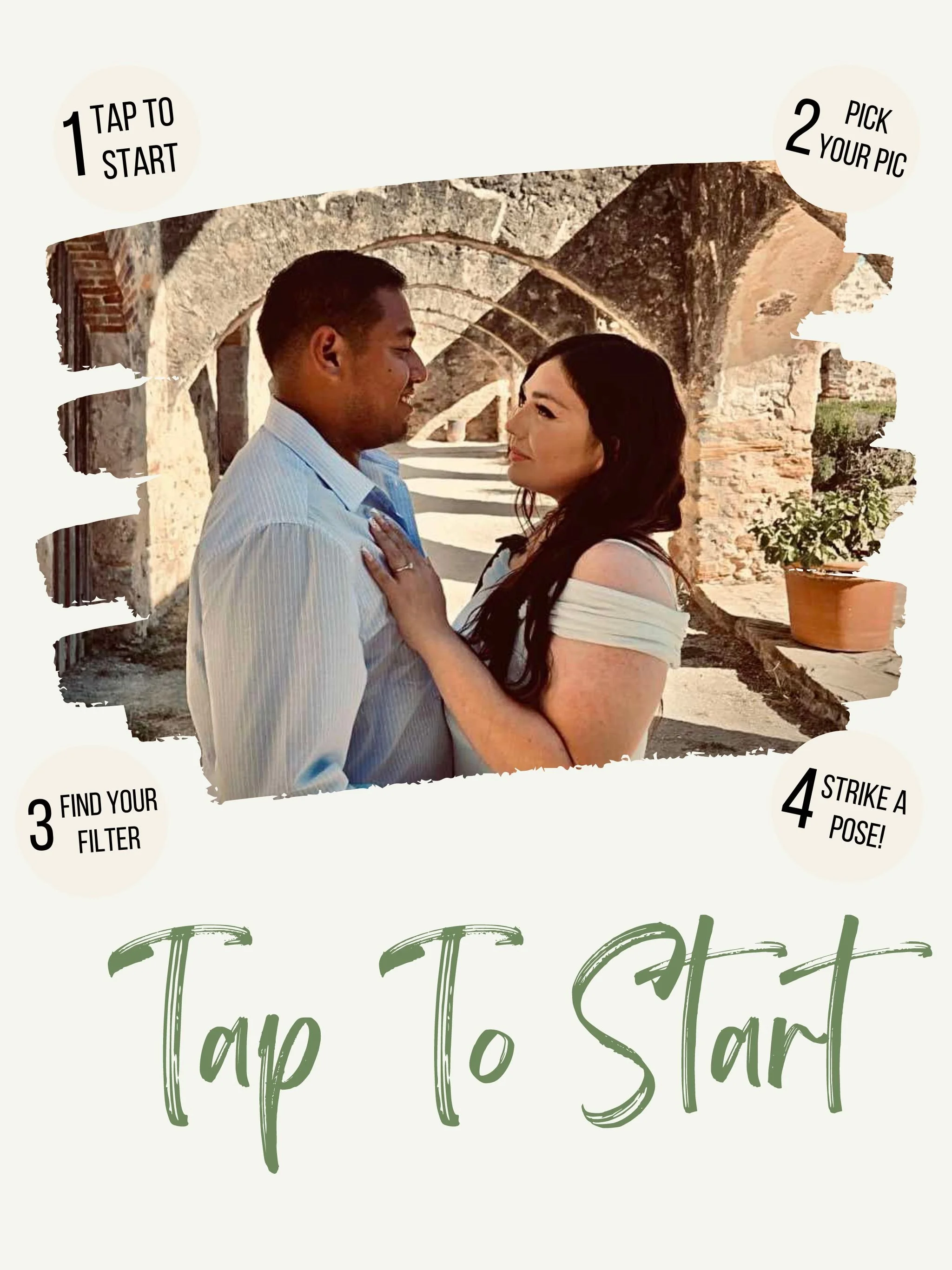A couple standing under an old stone archway, gazing into each other's eyes, during daytime in a historical site with potted plants nearby, with a playful overlay of numbered steps and instructions for a photo activity.