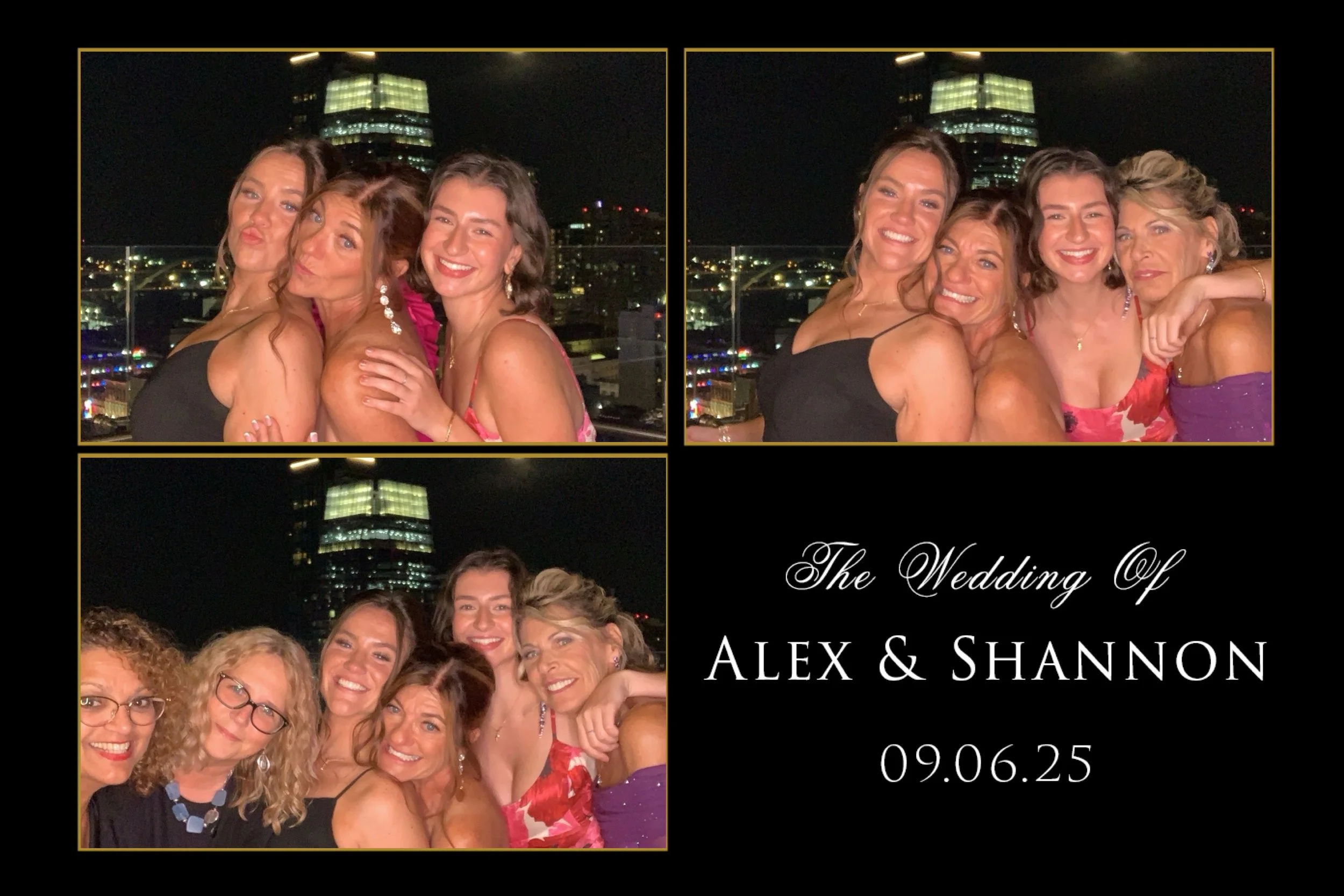 Photo collage of four women at a nighttime outdoor wedding celebration, featuring cityscape background with a tall building, and a text overlay reading 'The Wedding Of Alex & Shannon 09.06.25'.