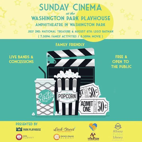 This summer, the Lark Street Business Improvement District (BID), Christ's Church of Albany, Albany Public Library, Mission Accomplished, Tru Heart, Inc. and Park Playhouse present Sunday Cinema, featuring a free and open-to-the-public family movie night in Washington Park. August 6 7:30 p.m. - Live bands, concessions, family activities 8:30 p.m. - Movie screening: Lego Batman Concessions will be provided before each movie by the Park Playhouse. Seating is limited, so be sure to bring blankets and lawnchairs! Enjoy a couple of movies on the big screen in the Washington Park Amphitheater, and bring the whole family!