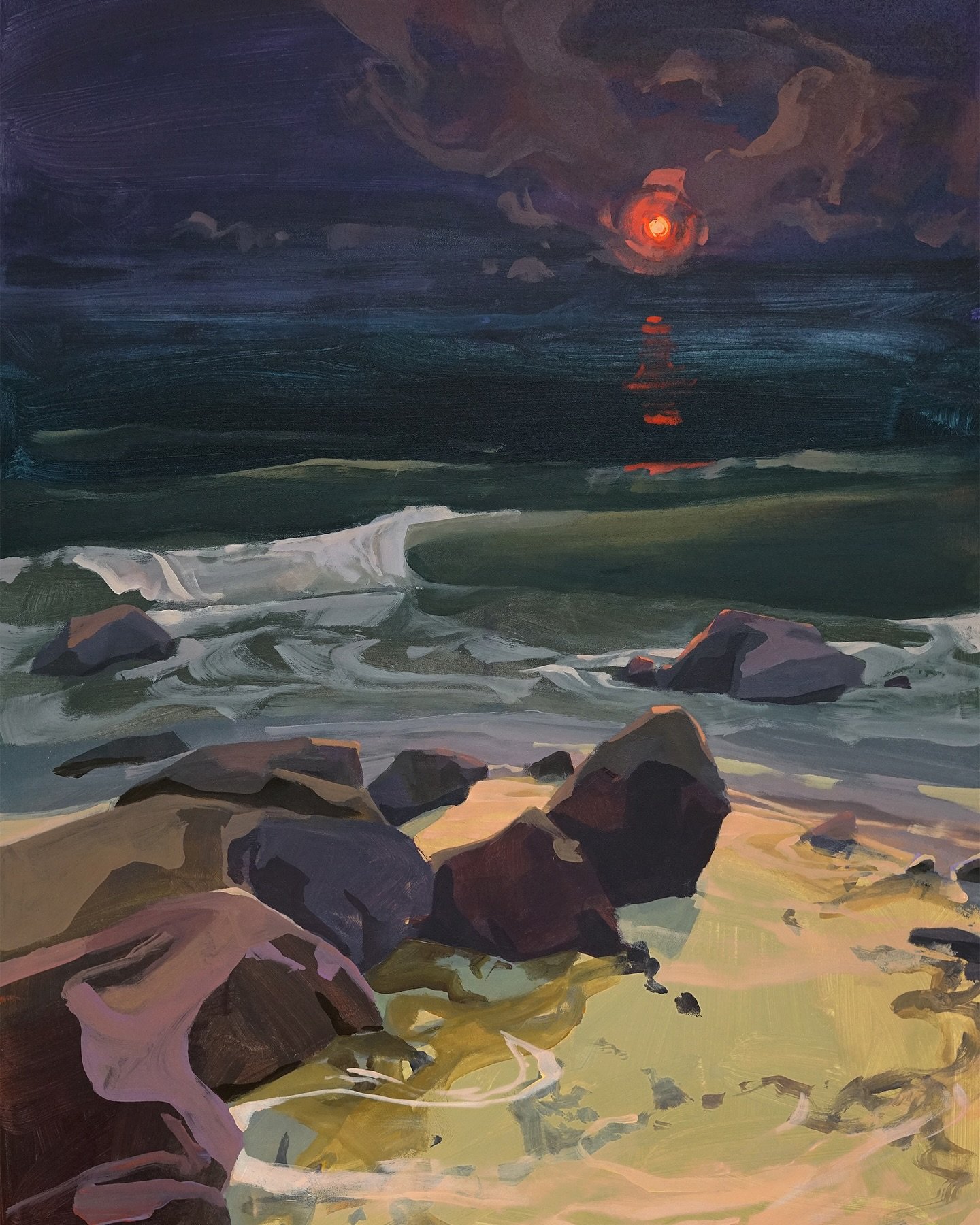 Just two hours after catching the reference shot for my previous sunset marsh painting, the whole extended family decided to go for a moonlit beach walk, not knowing what we were about to stumble upon. There, on the opposite horizon from that gloriou