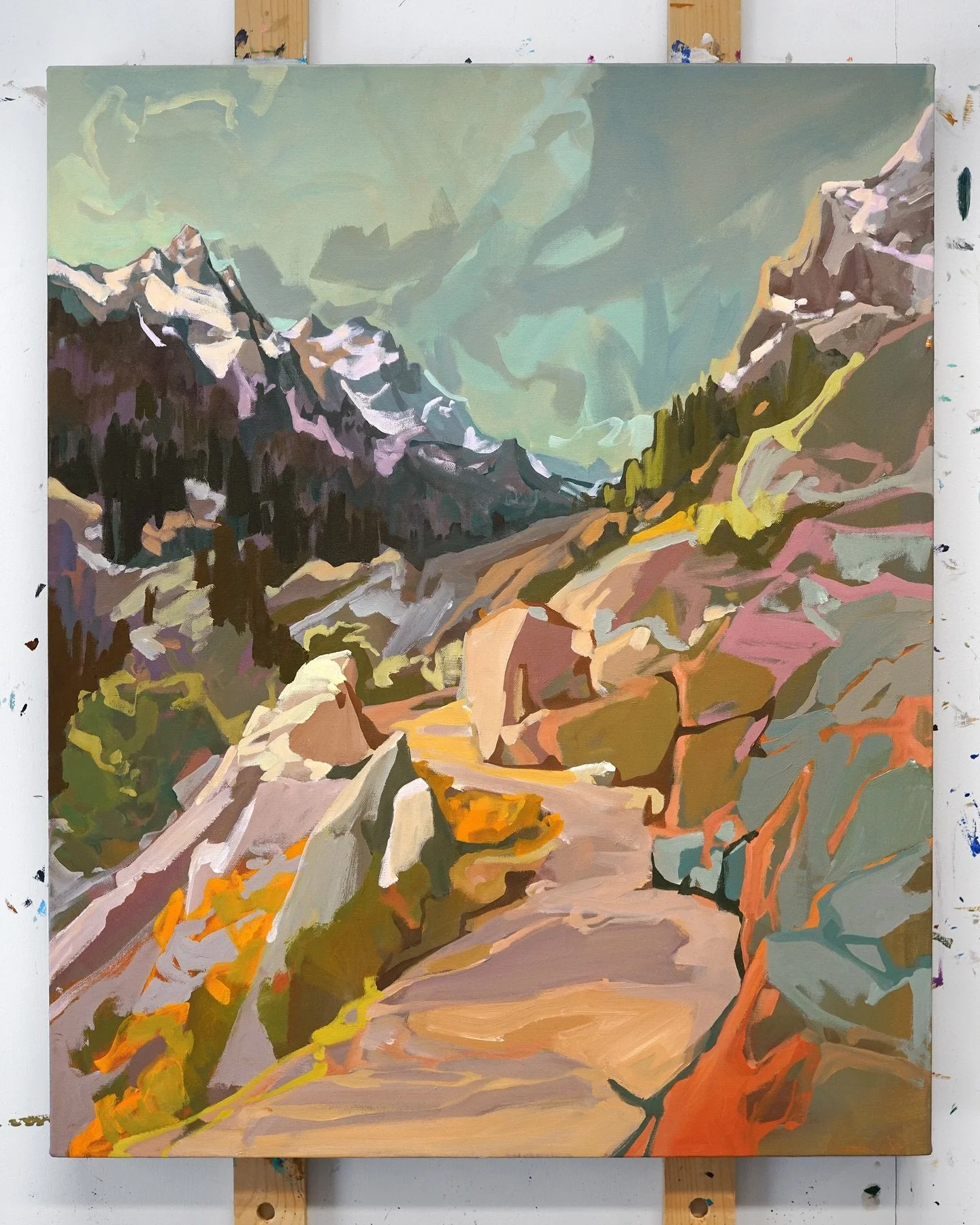 I&rsquo;ve got seven paintings going right now as I begin my Slow Trails series, due to release late Spring. This one is based on a friend&rsquo;s photo of the Tetons, a place at the top of my list to hike next. I&rsquo;ll be talking about this piece