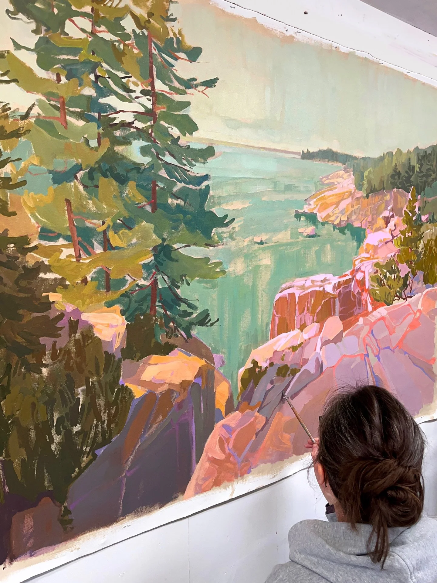 Still here&hellip;just carefully carving rocks and pruning branches as this all encompassing painting takes shape. Basically the size of a picture window. I can hear the waves crashing from my imaginary Airbnb.