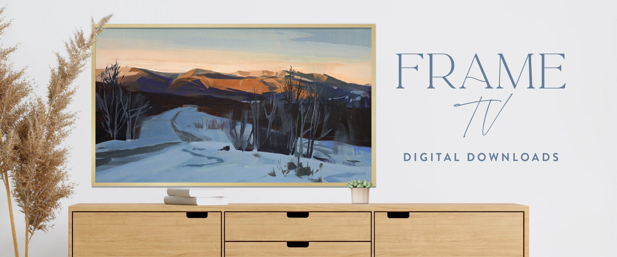 A modern living room with a flat-screen TV displaying a landscape painting of mountains and trees in snow.