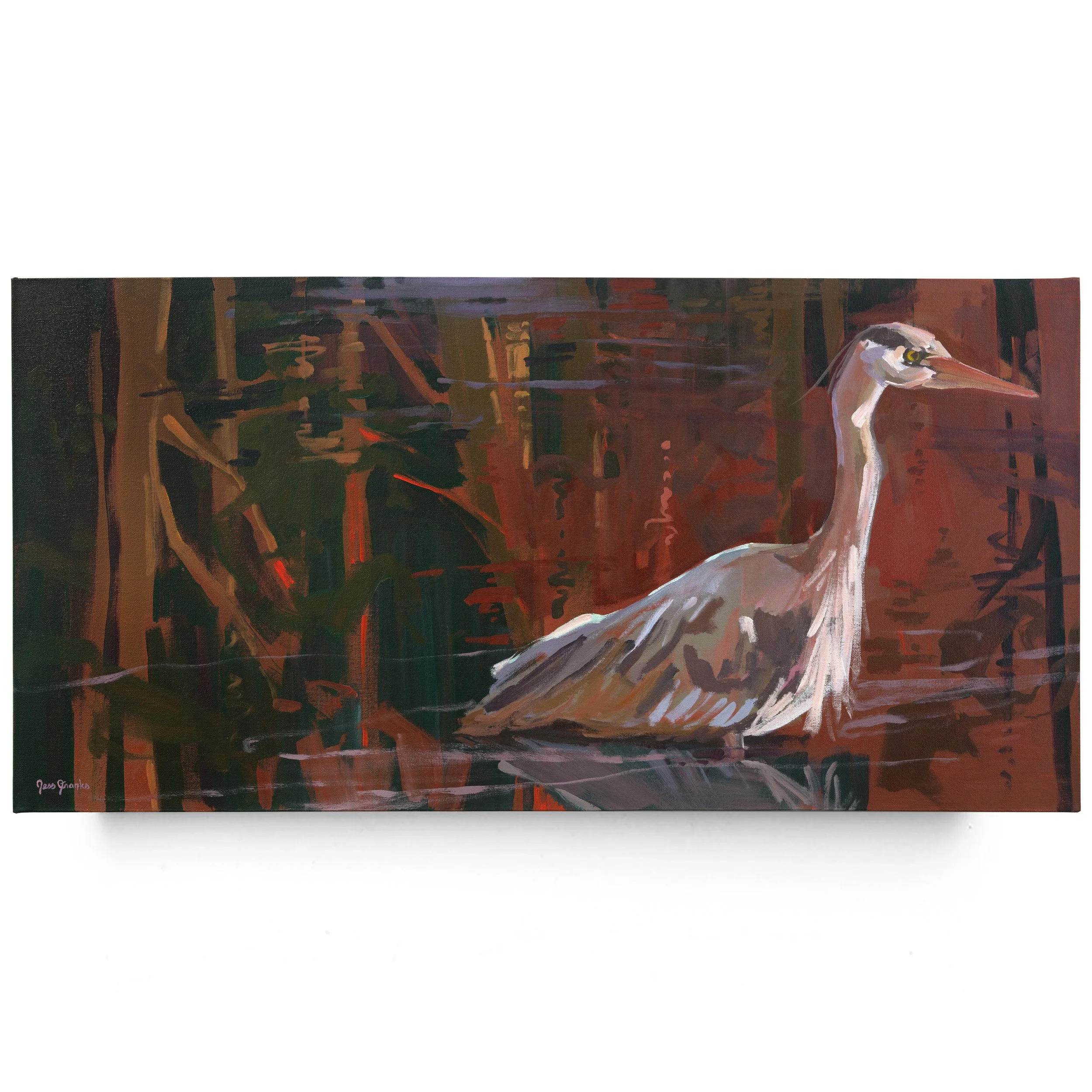 "Autumn Waters" 36x18" Original Painting of Great Blue Heron