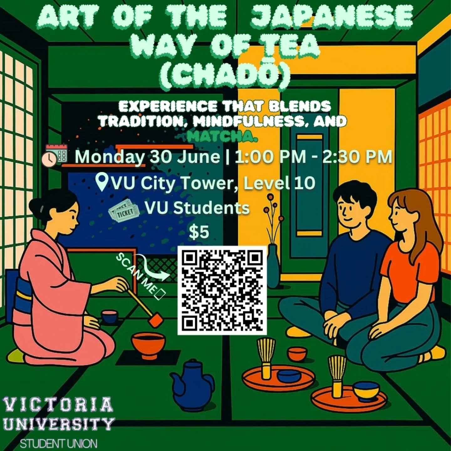 Need a moment of zen to close out the semester?😌 

Join VUSU for a calming and hands-on Japanese Tea Ceremony Experience - where matcha, mindfulness, and culture meet. 🍵

Learn the Way of Tea (Chadō), whisk your own matcha, and enjoy traditional Ja