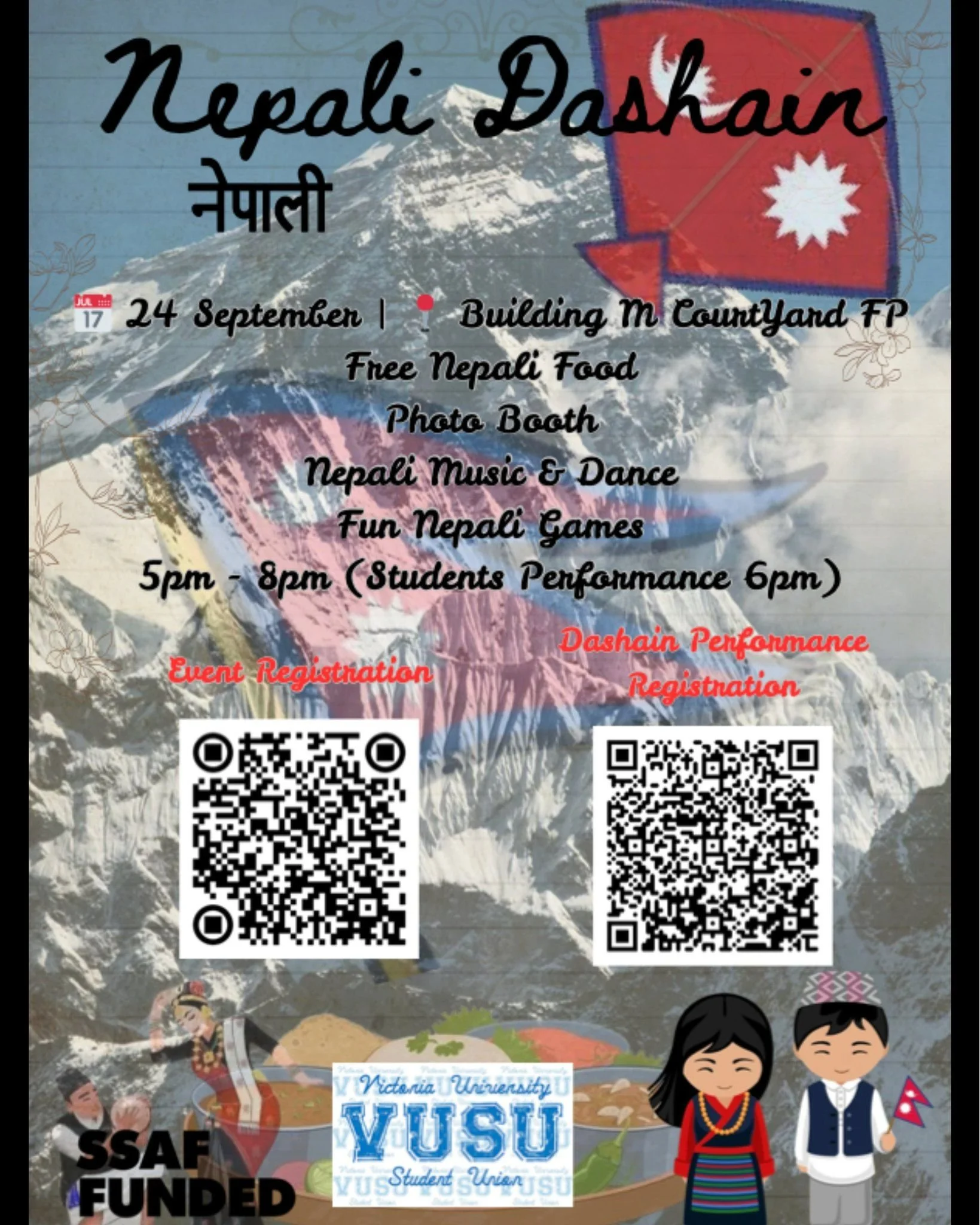 🎉 Join us for Nepali Dashain Festival at Victoria University!

📅 Date: 24 September
📍 Location: Building M Courtyard, FP
🕔 Time: 5pm &ndash; 8pm (Student Performance at 6pm)

✨ What&rsquo;s happening?
🍛 Free Nepali Food 📸 Fun Photo Booth
🎶 Nep