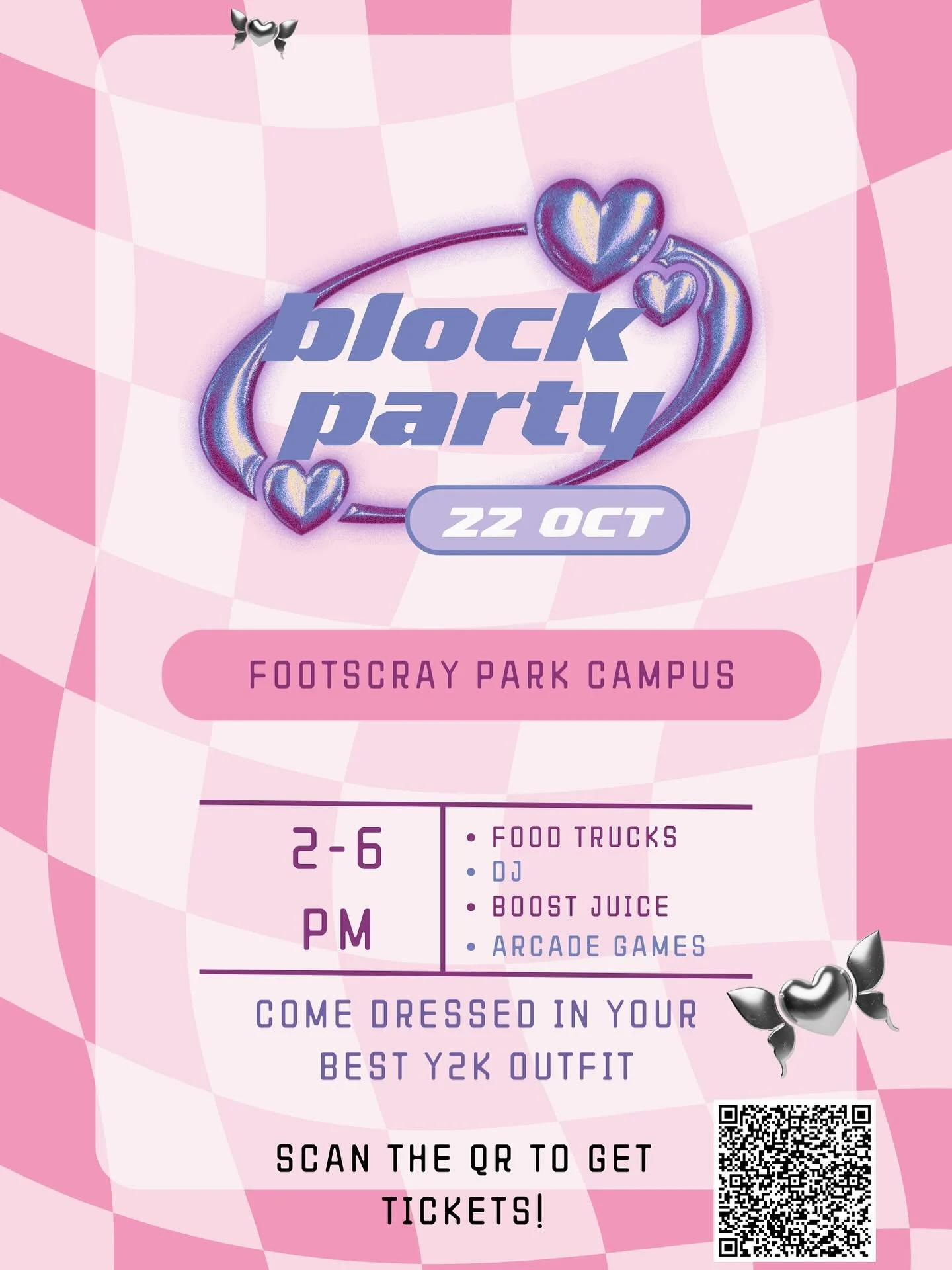 Feeling nostalgic? Assessments and work having you feeling like you want to go back to your childhood? 

Join us on the 22nd of October at the Footscray Park campus for a block party! 🪩 Come dressed in your best Y2K outfit and enjoy free food, music