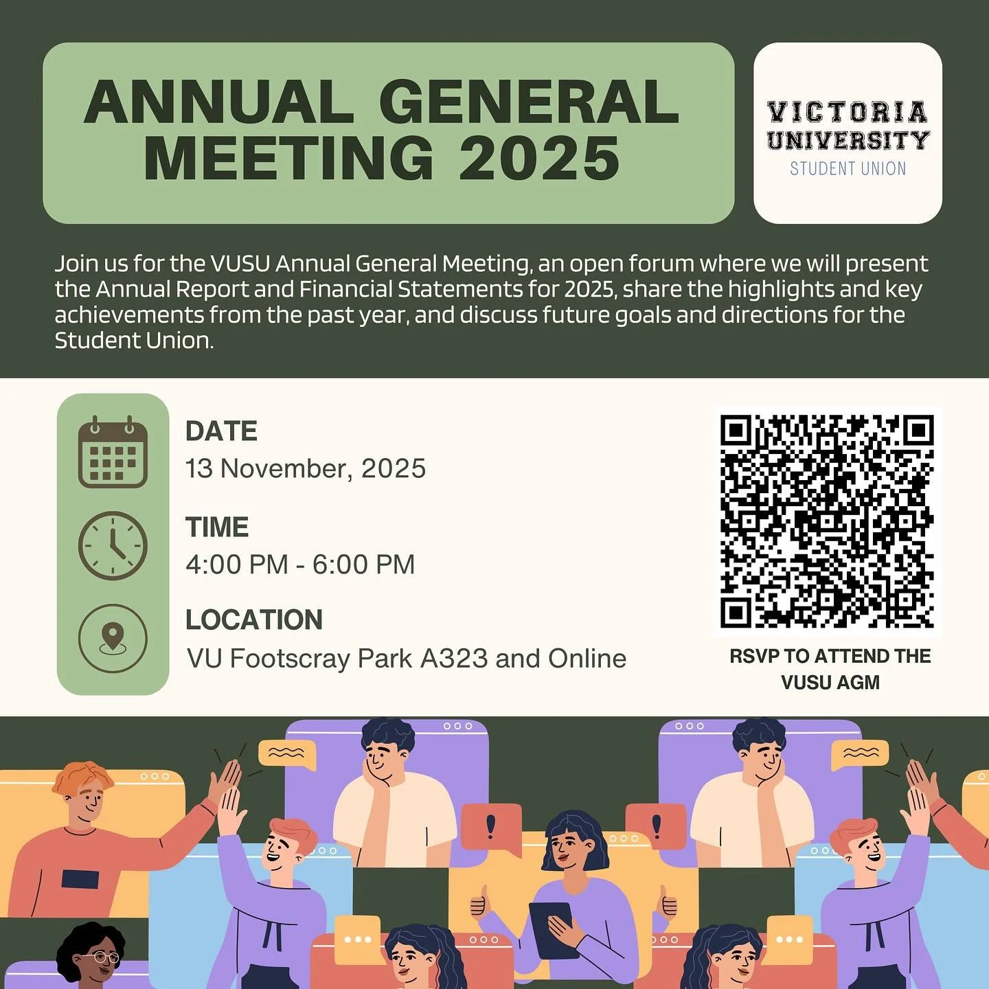📣 Annual General Meeting 2025!
Join us for the VUSU AGM &mdash; an open forum where we&rsquo;ll present the Annual Report and Financial Statements for 2025, share highlights and achievements from the year, and discuss the future goals and direction 