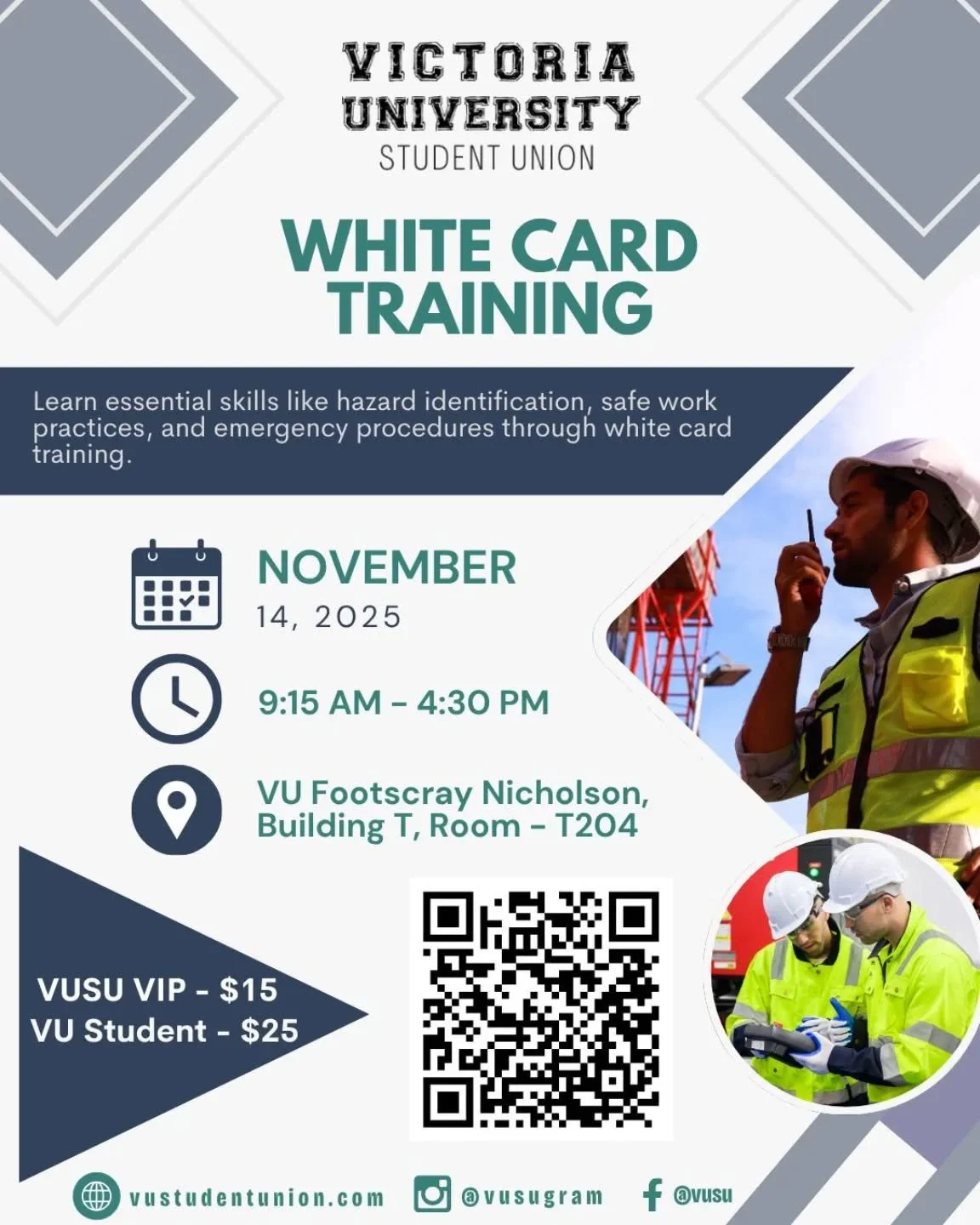 👷&zwj;♀️ Ready to step into the construction industry?
Get your White Card with VUSU and learn key safety skills &mdash; from hazard identification to emergency procedures.

📅 Nov 14, 2025
🕘 9:15 AM &ndash; 4:30 PM
📍 VU Footscray Nicholson, Build