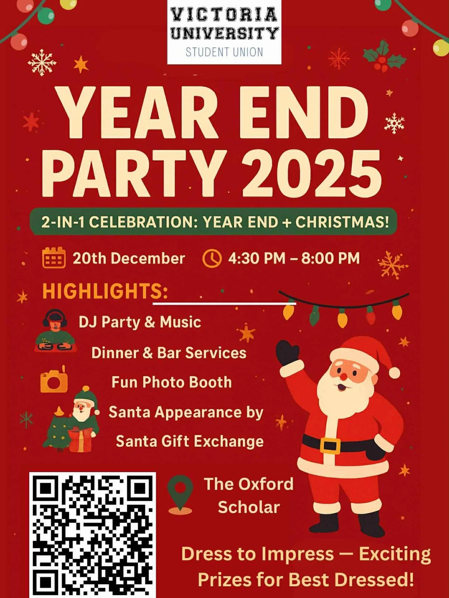 Get ready to celebrate the end of the year and Christmas in one amazing night!

​🗓️ When: Friday, 20th December
⏰ Time: 4:30 PM &ndash; 8:00 PM
📍 Where: Level 2, The Oxford Scholar, Melbourne CBD
👔👗​Dress to Impress&mdash;Exciting Prizes for the 