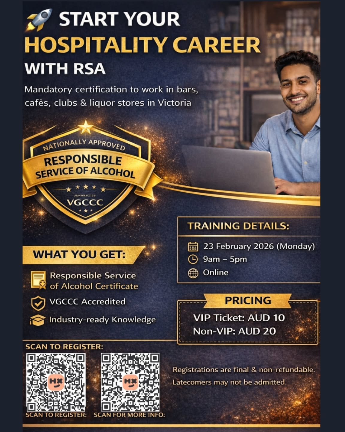 🚀 Hospitality job on your mind? Start here!
Get your RSA certification and become job-ready for caf&eacute;s, bars &amp; venues across Victoria.
One day. Online. Nationally recognised. ✔️

🎟 VIP ticket holders &mdash; keep an eye on your inbox!
You