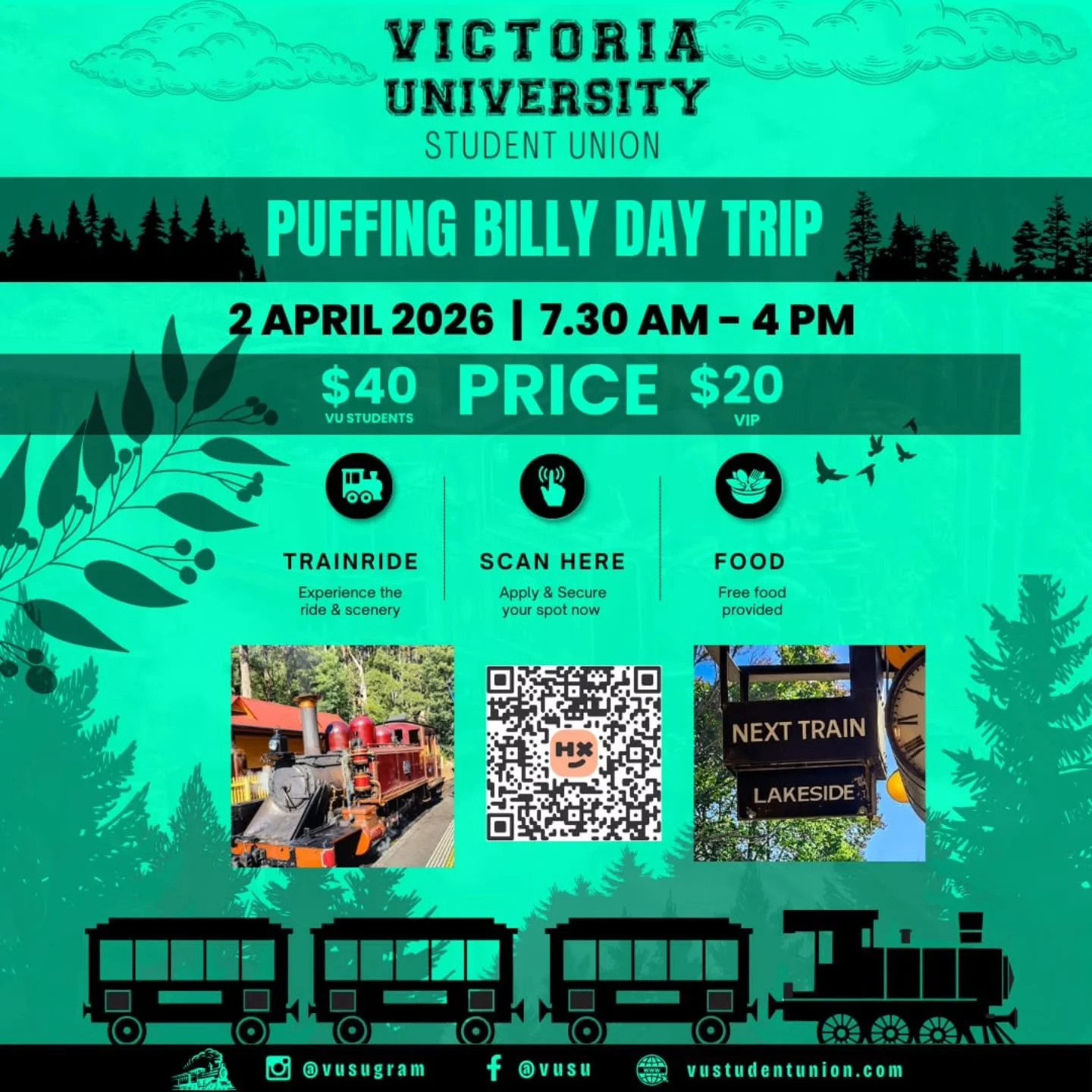 🚂 Next stop: Puffing Billy!

Get ready for an unforgettable day exploring the beautiful Dandenong Ranges with fellow VU students.

✨ Scenic train ride
🍴 Free food included
🌿 Amazing views &amp; good vibes

📅 2 April
⏰ 7:30 AM &ndash; 4:00 PM
💰 $