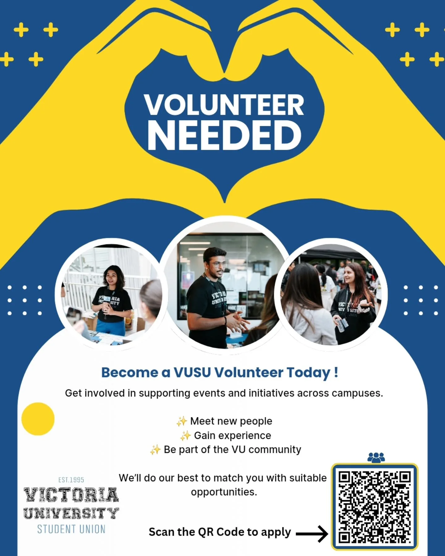Ever wondered what it&rsquo;s like behind the scenes at VU events?

Join the VUSU Volunteer Team and help make some of the biggest student events happen throughout the year.

Whether it&rsquo;s festivals, trips, activities, or special initiatives &md