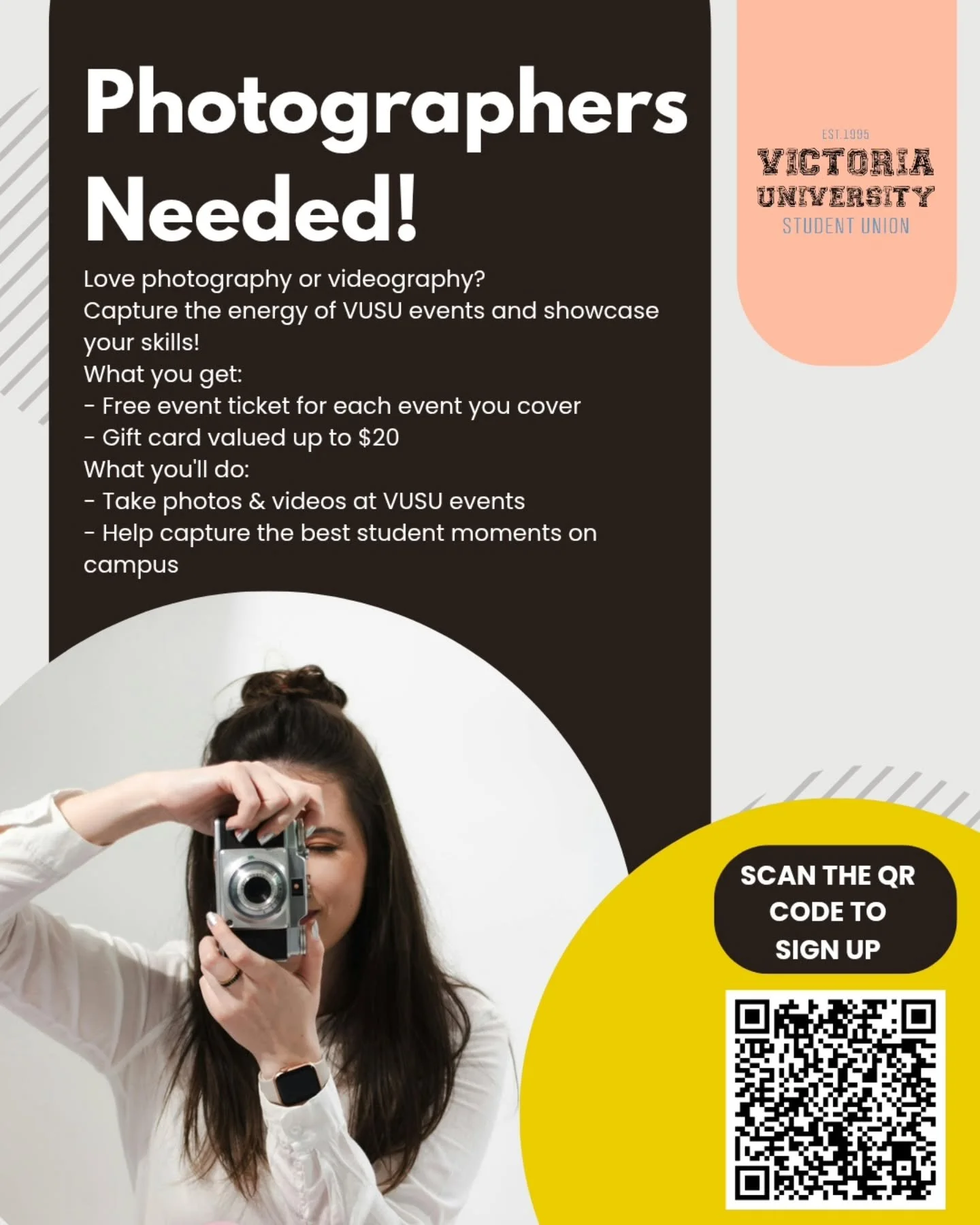 📸 Got photography skills? Put them to use at VUSU events.

We&rsquo;re looking for student volunteer photographers to capture the best moments on campus.

✨ Build your portfolio
🎟️ Free event ticket for each event
🎁 Gift card valued up to $20

Int