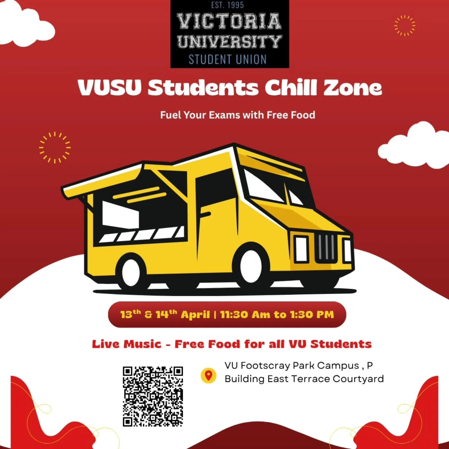 Exams got you stressed? We got you fed 😌🔥

Take a break, grab some free food, and vibe with live music at the VUSU Chill Zone.

📅 13th &amp; 14th April
⏰ 11:30 AM &ndash; 1:30 PM
📍 Footscray Park Campus

Because surviving exams deserves a reward 