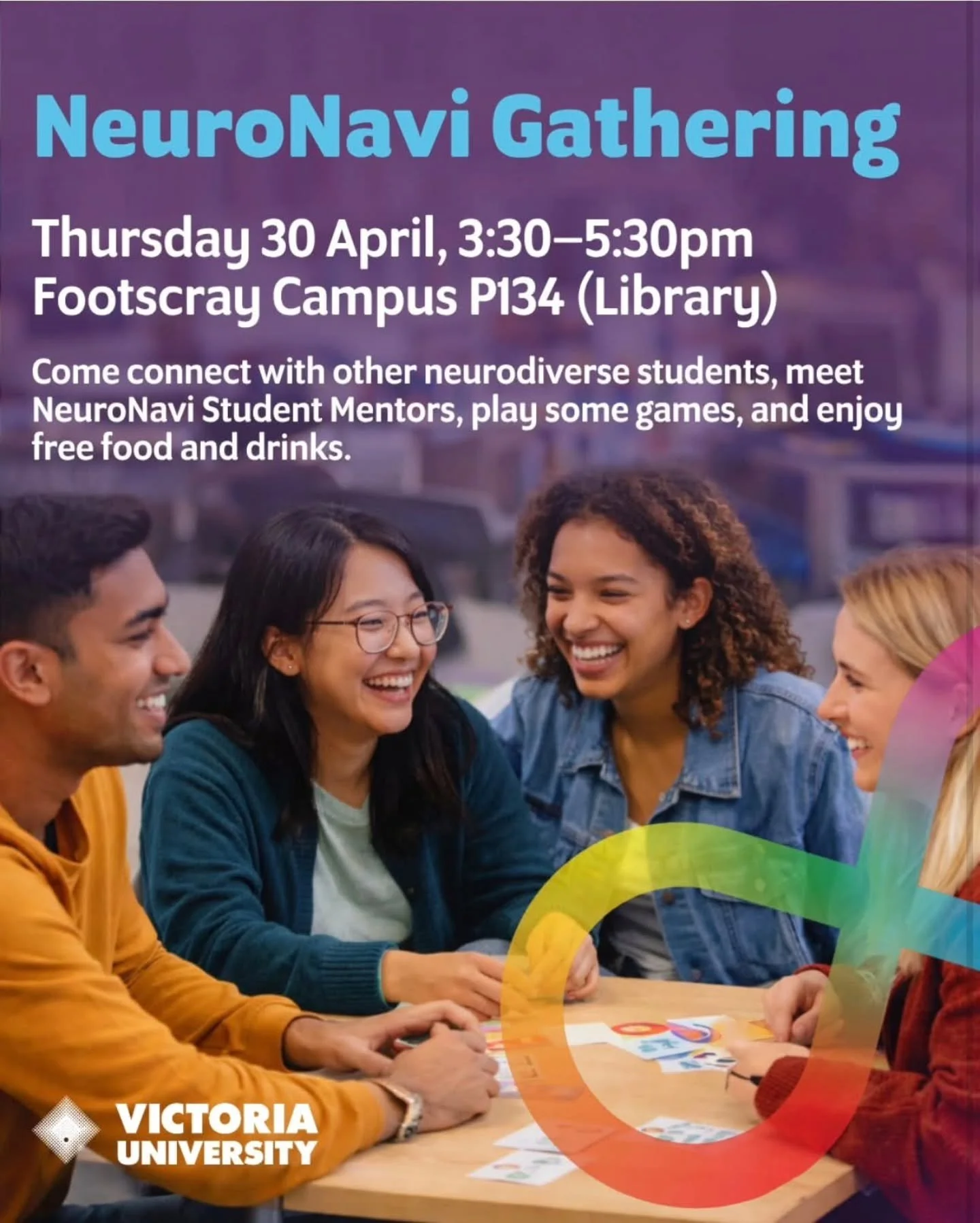 Good vibes, great conversations, and free food? Say less 👀

The NeuroNavi Gathering is your space to connect with other neurodiverse students, meet mentors, and just hang out.

📍 P134, Footscray Campus (Library)
🗓 30 April | 3:30&ndash;5:30pm
Brin